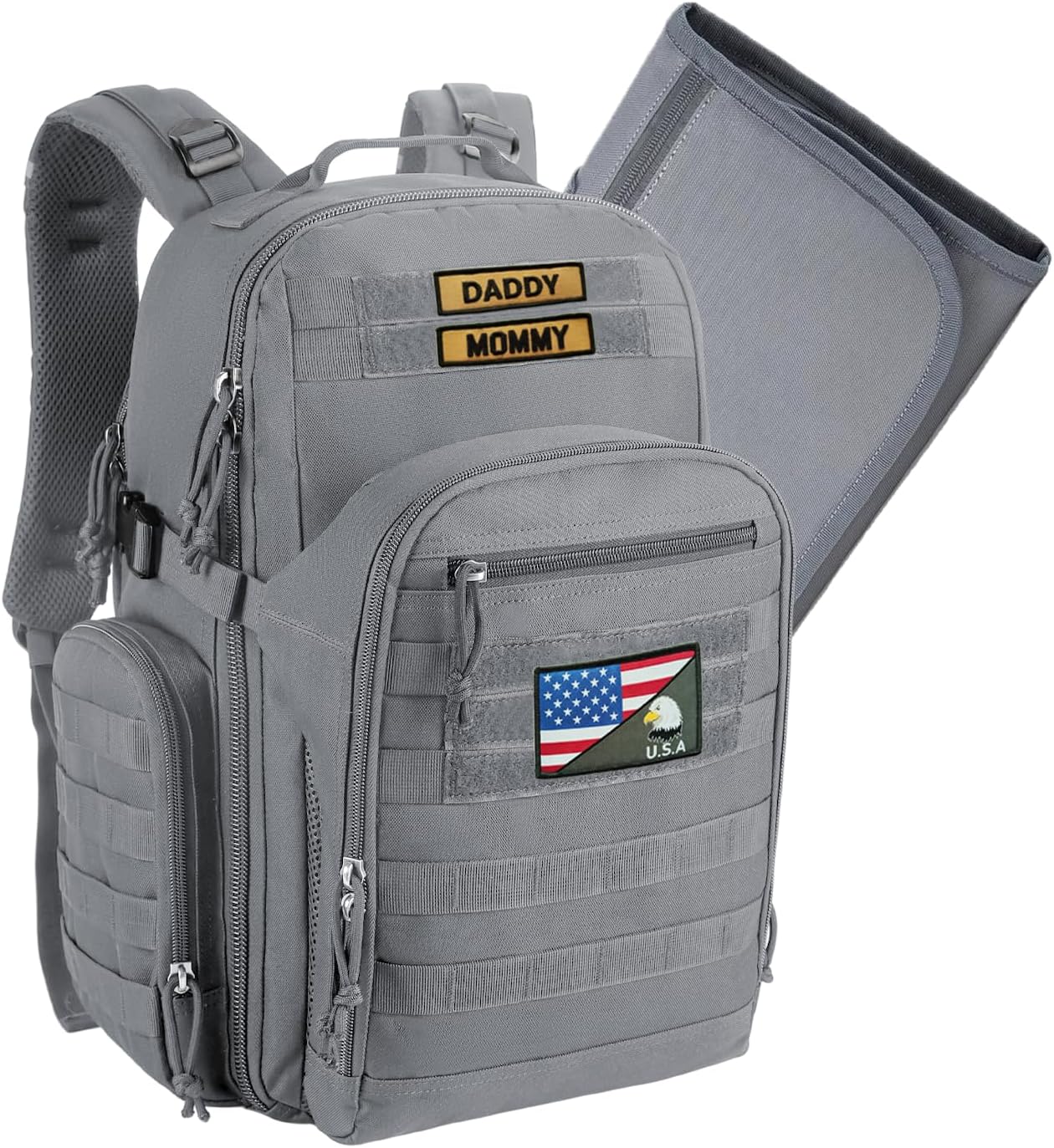 MIRACOL Dad Diaper Bag Military - Tactical Baby Backpack with Changing Pad for Outdoor Baby Care - Water-Resistant Fabric & MOLLE System Ideal for Travel Hiking Parks Grey