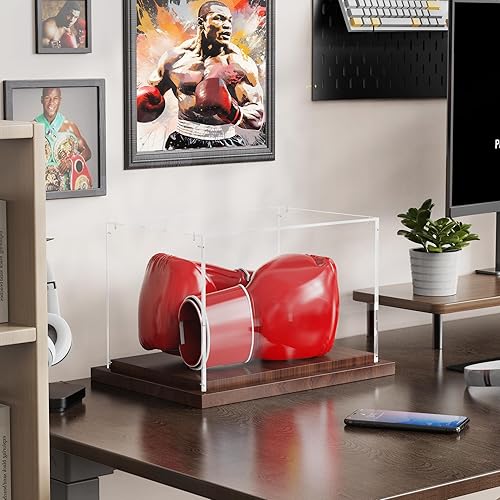 Miniatura 7 de Vitrina de guantes de boxeo con base de madera, caja de acrílico transparente para guantes de boxeo, guantes de béisbol, coleccionables deportivos,