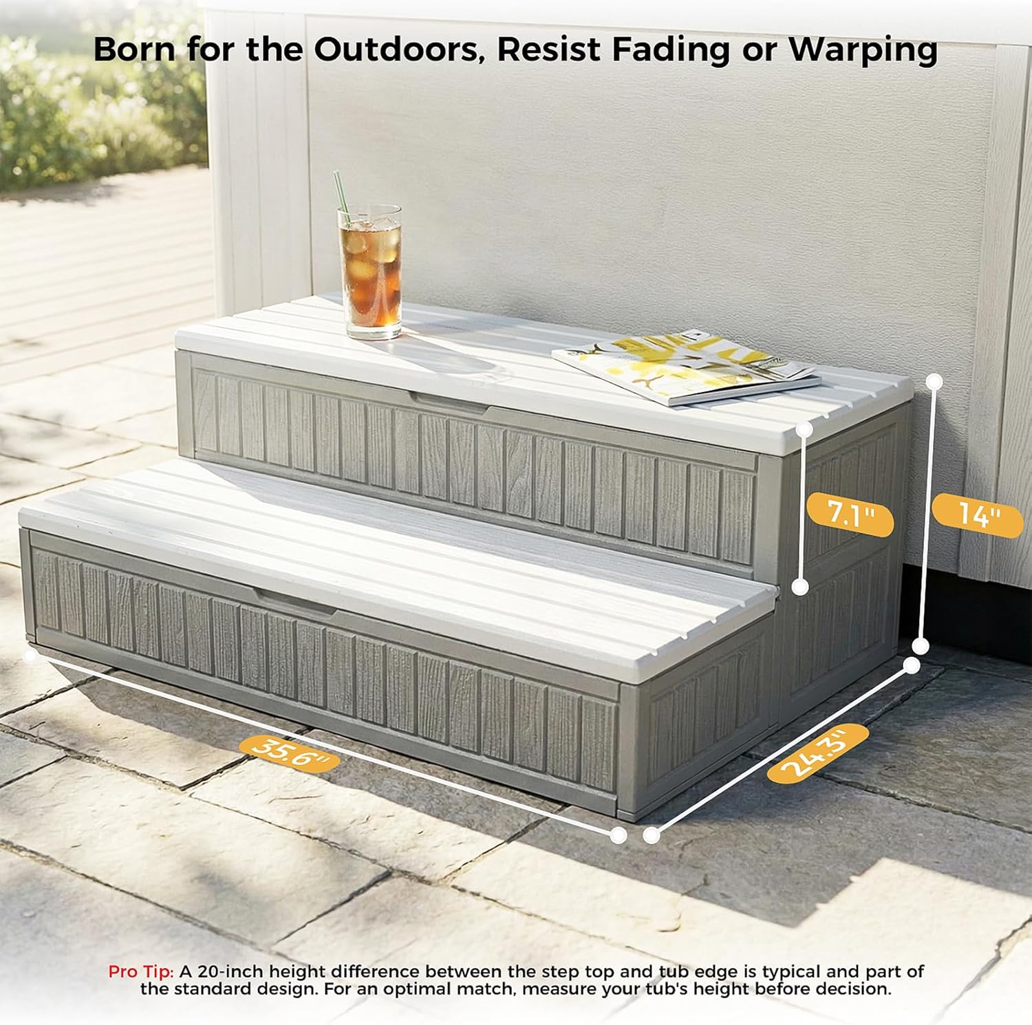 CAMMOO Hot Tub Steps - Double-Decker Large Storage & Snap-Together Assembly, Fully Sealed Spa Steps with Non-Slip Wider Step, Hot Tub Stairs, Outdoor/Indoor, Grey-White