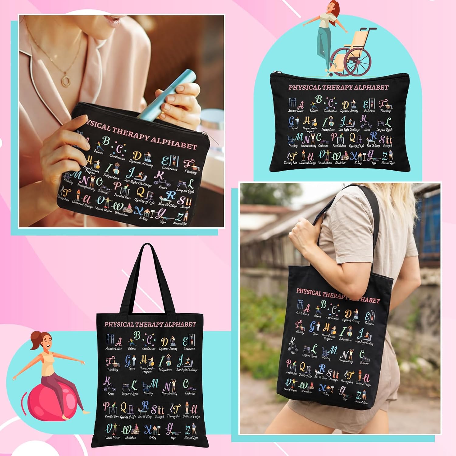 2 Pcs Christmas Physical Therapy Gifts Physical Therapist Tote Bag with Makeup Bag Occupational Therapy Appreciation Gifts Thank You Christmas Retirement Presents for Women OT PT PTA - Image 2