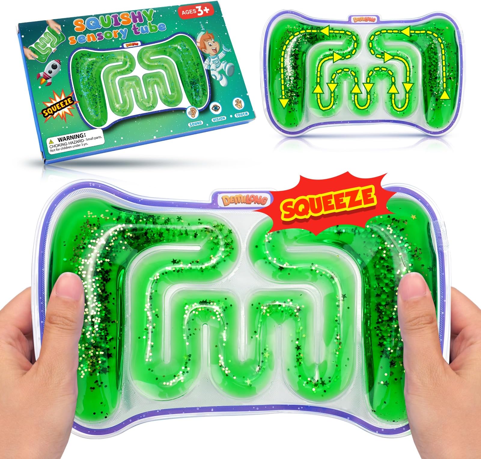 Squishy Sensory Toys for Kids - Fidget Toy Sensory Tube Filled with Colorful Goo, Glitter, Calming Tool for Autism, Anxiety, ADHD - Party Favors, Classroom Prizes, Goodie Bag Stuffers (Green)