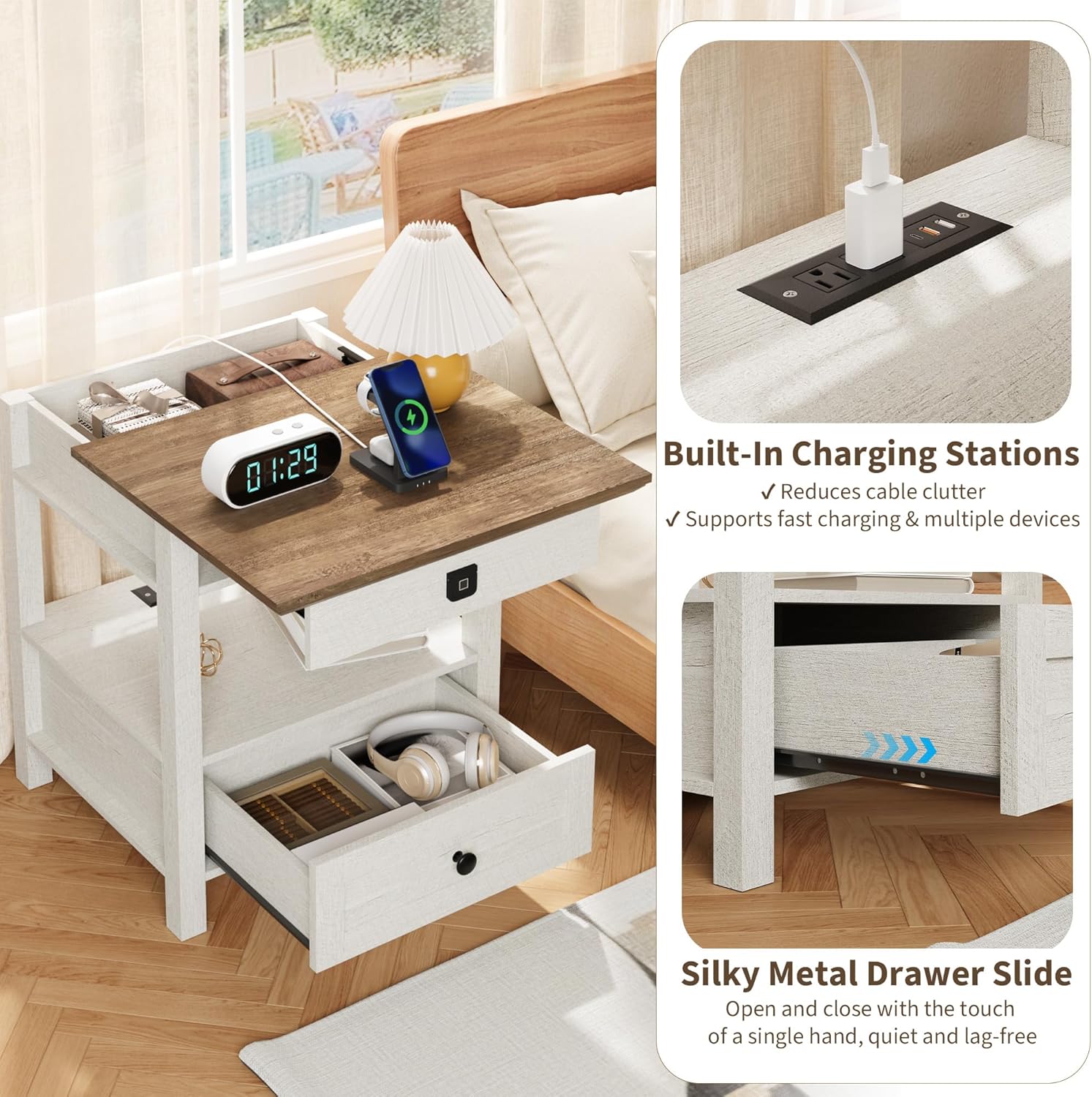 Rresyet Sliding Nightstand with Fingerprint Lock, Night Stand with Charger Station,Farmhouse 2 Drawers Storage, for Bedroom, Room,Office, White - Image 5