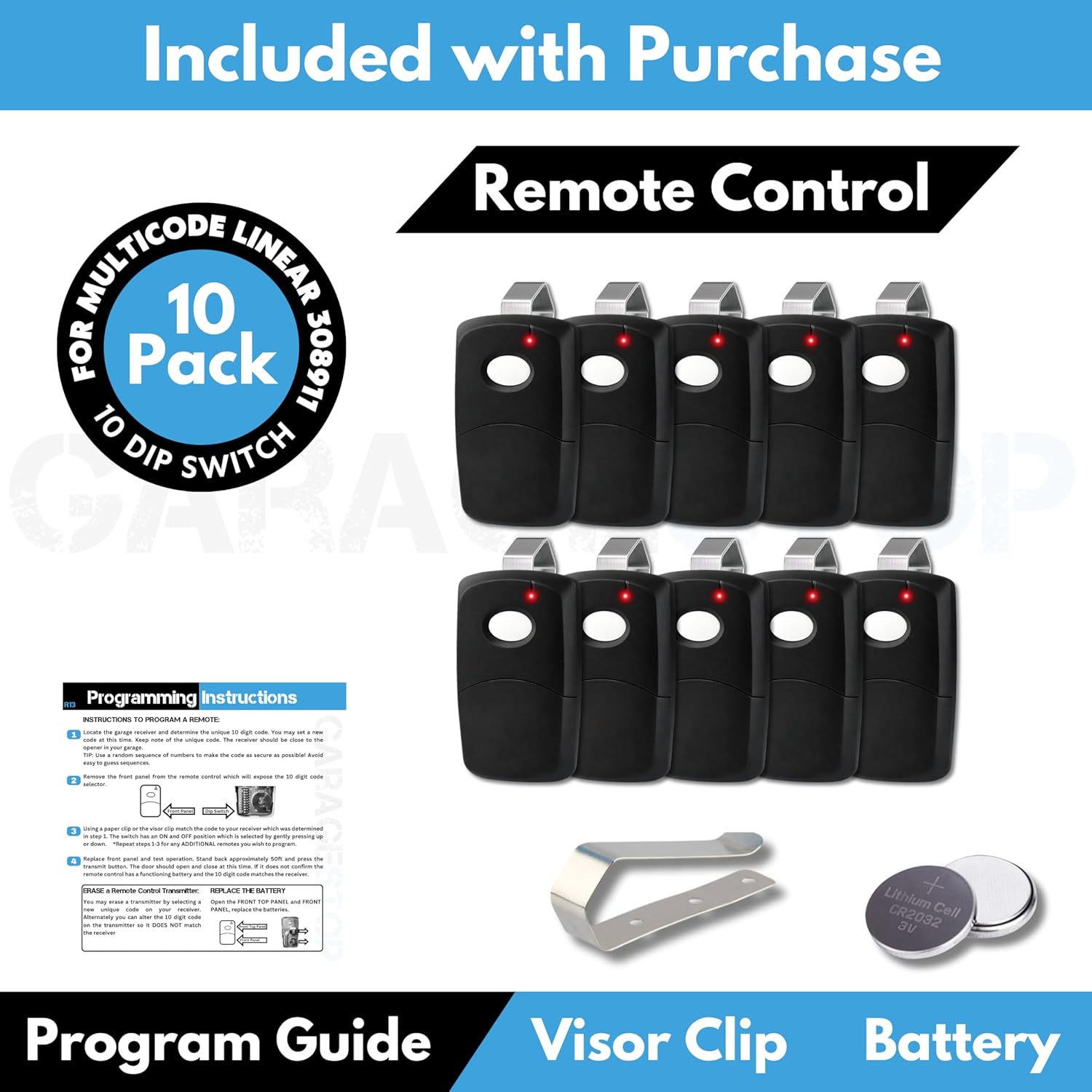 10X for Linear Multicode 3089 308911 MCS308911, 1089, 3070, 3060, 10 dip Switch Gate Opener Remote 300MHz, Multi Code Garage Door Opener Remote