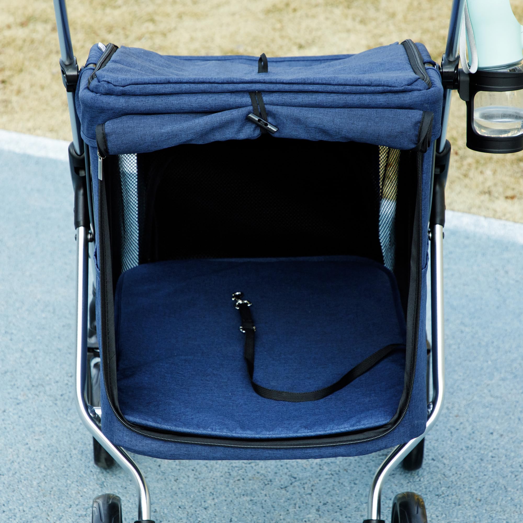 PawHut Hundewagen leicht Hundebuggy aus Aluminium klappbar für Hunde & Katzen Katzenbuggy mit Kissen Netzfenstern Türen Aufbewahrungskorb Katzenwagen Mini-Hundewagen für kleine Hunde Dunkelblau