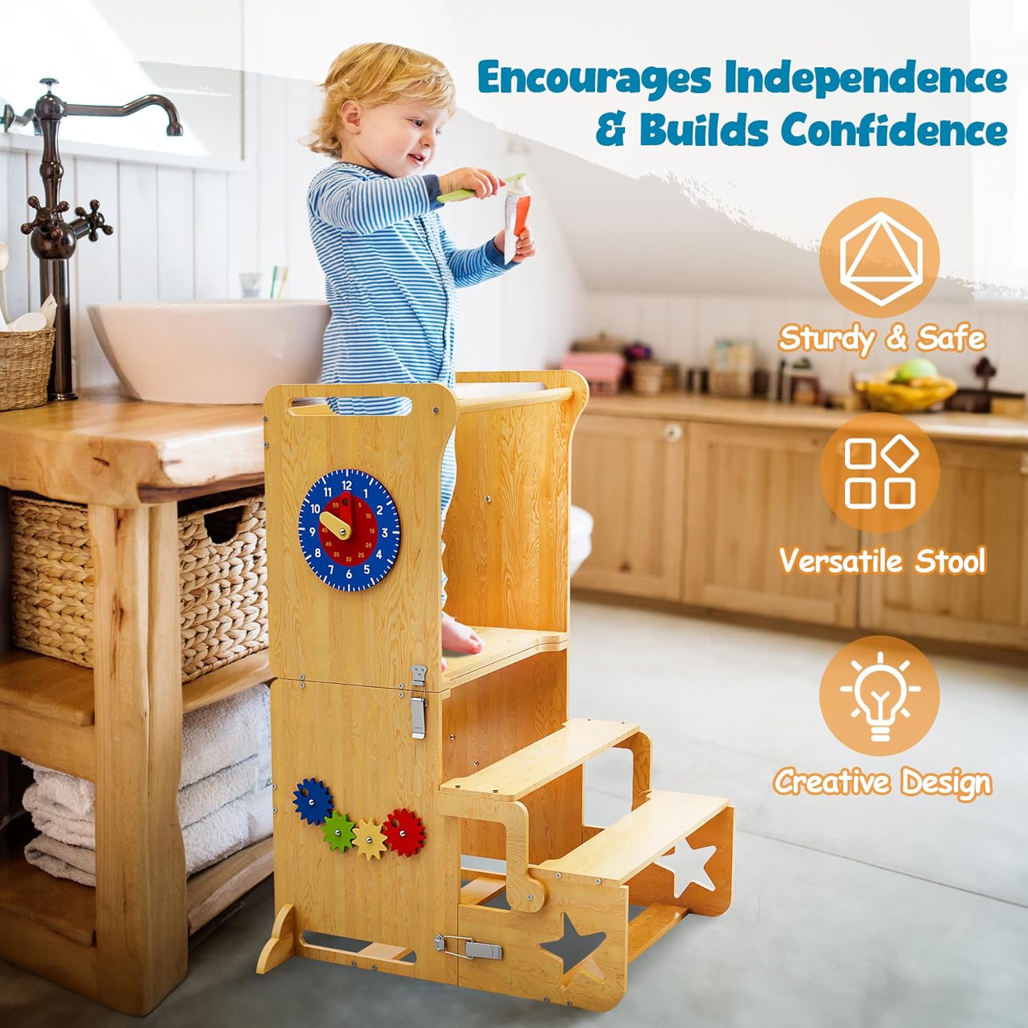 NiHome Wooden Toddler Standing Tower for Kitchen and Bathroom, Adjustable Height & Foldable Kitchen Step Stool Helper, Encourages Independence in Cooking and Daily Tasks, Converts to Table and Shelf
