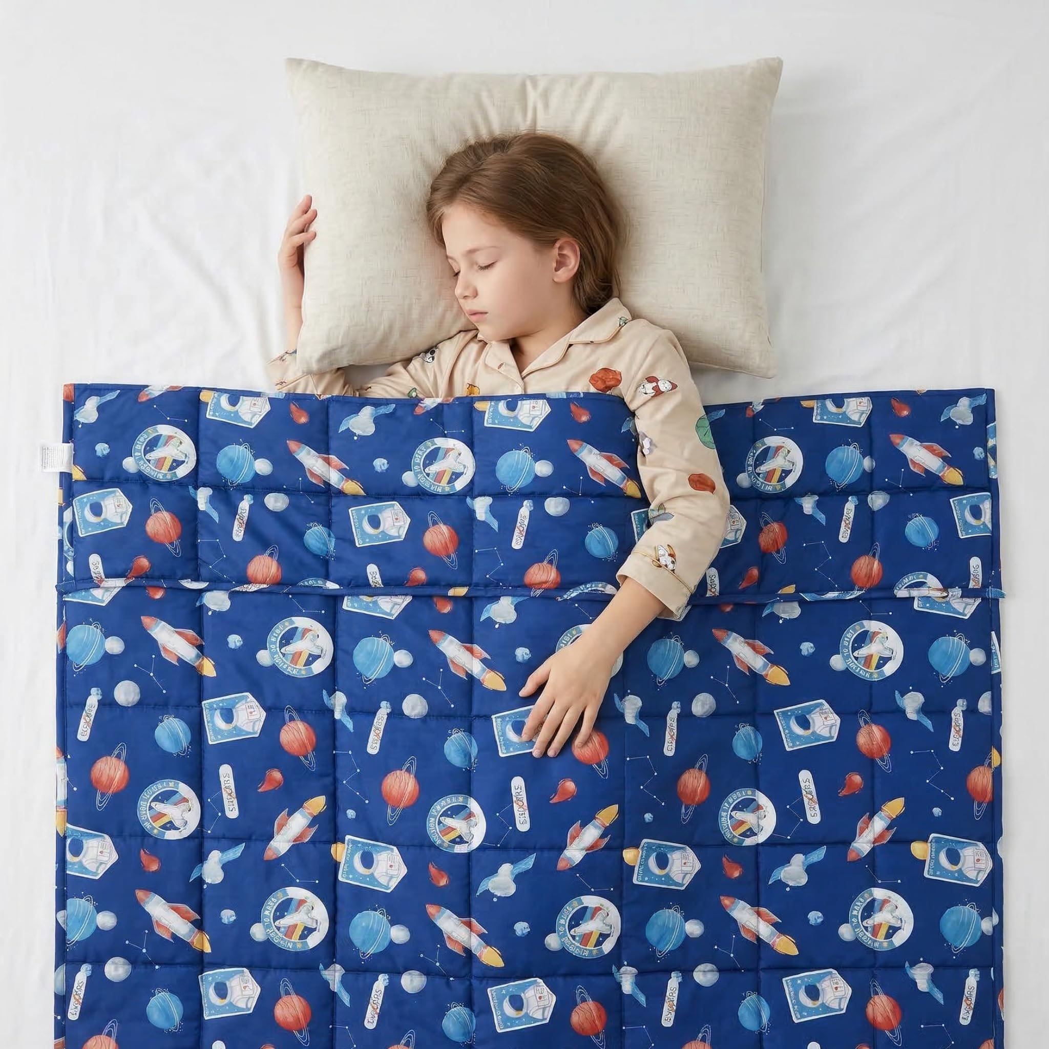 Space Themed Weighted Blanket, Fluffy Quilted Pockets Throw with Non-Toxic Glass Beads, Therapy Anxiety Relief Insomnia Autism, Soft and Cozy Astronaut Galaxy Planet Throw Blanket, 100 x 150cm - 3kg