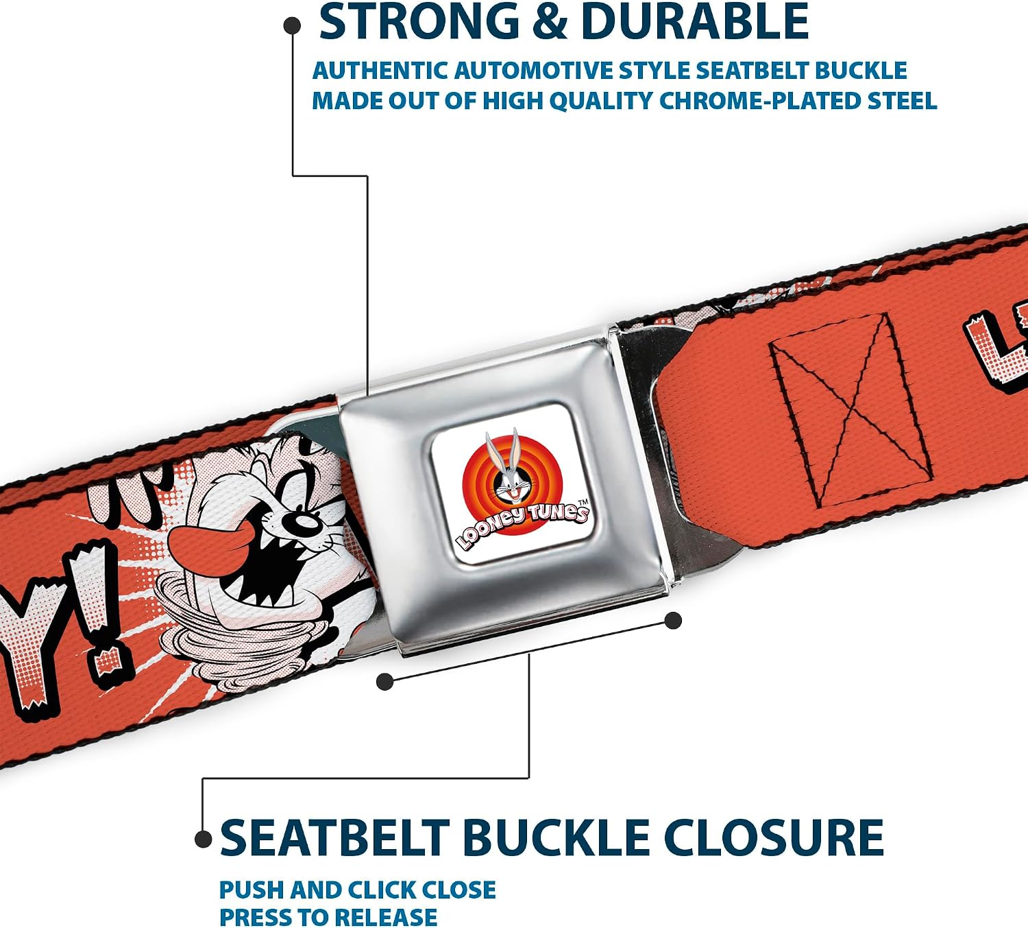 Looney Tunes Belt, Seatbelt Buckle Belt, Looney Tunes Taz Tasmanian Devil Lets Go Crazy Pose Reds, Adjustable