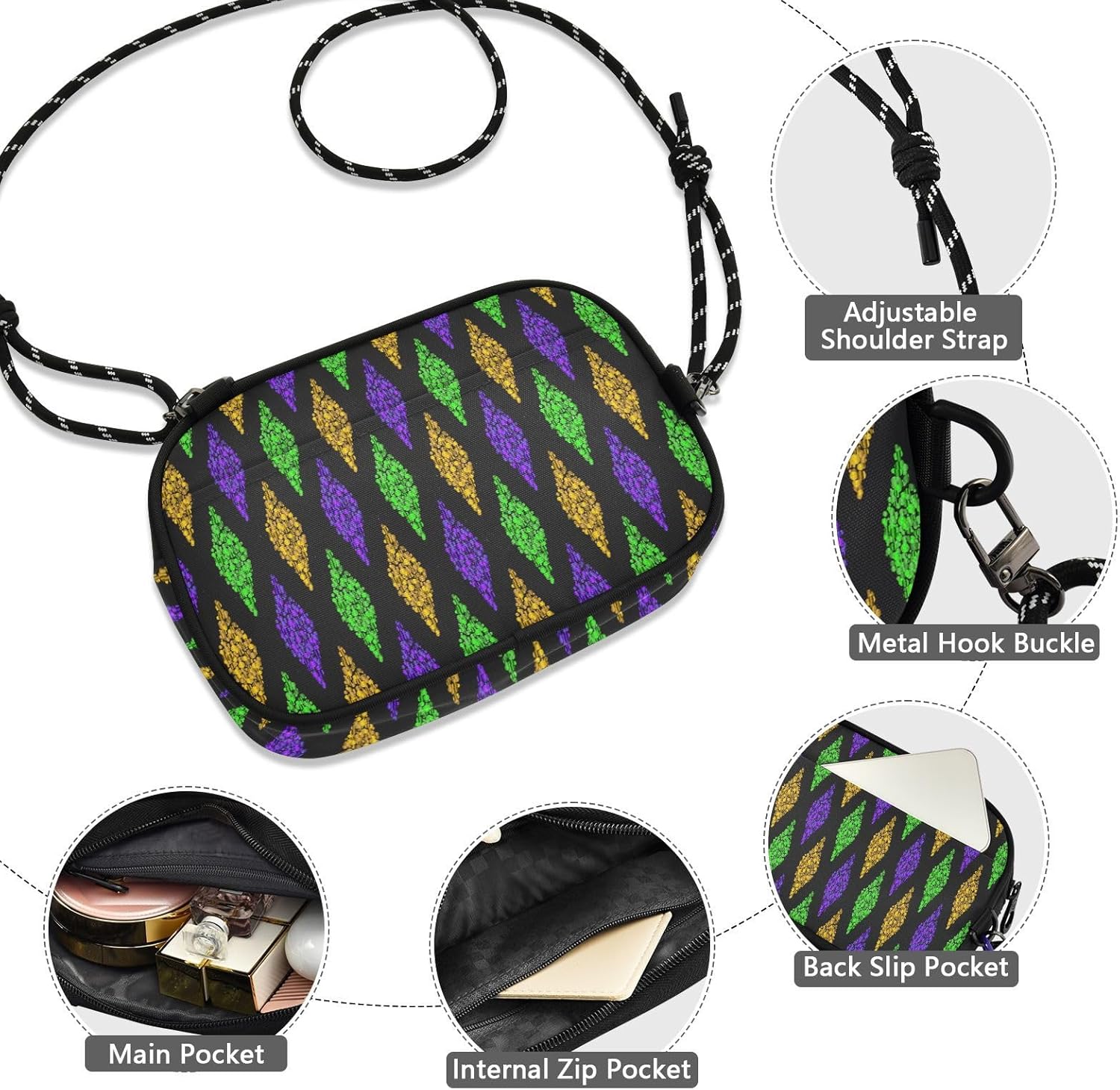 Mardi Gras Crossbody Bags for Women and Men Small Cross Body Purse Shoulder Handbags Travel Purses - Image 6