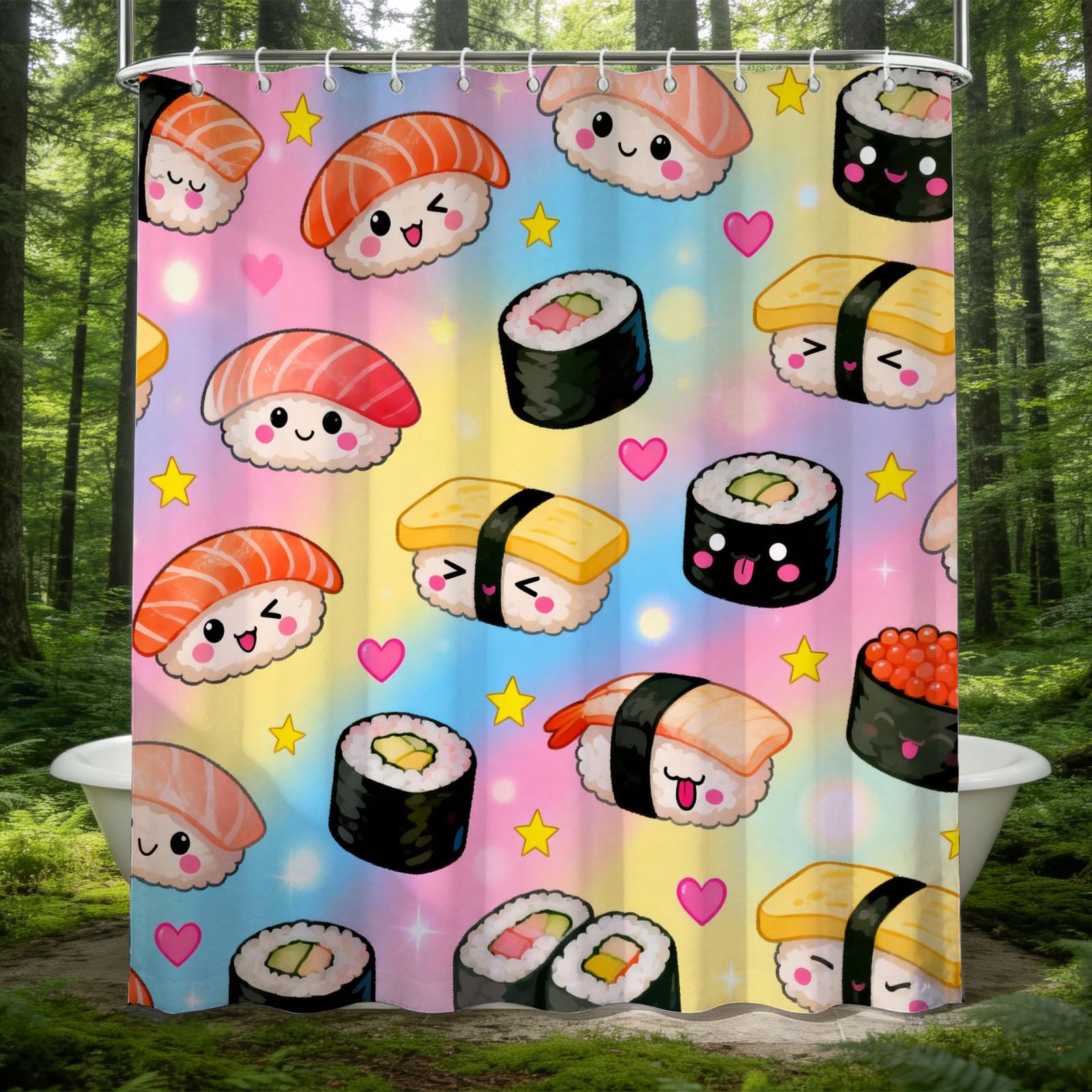 Hongduo 3D Sushi Shower Curtain for Stalls Bathtubs Japanese Cuisine Bathroom Decor Shower Curtain Set Polyester Fabric Waterproof 180x200cm/71X79 Inch with Hooks