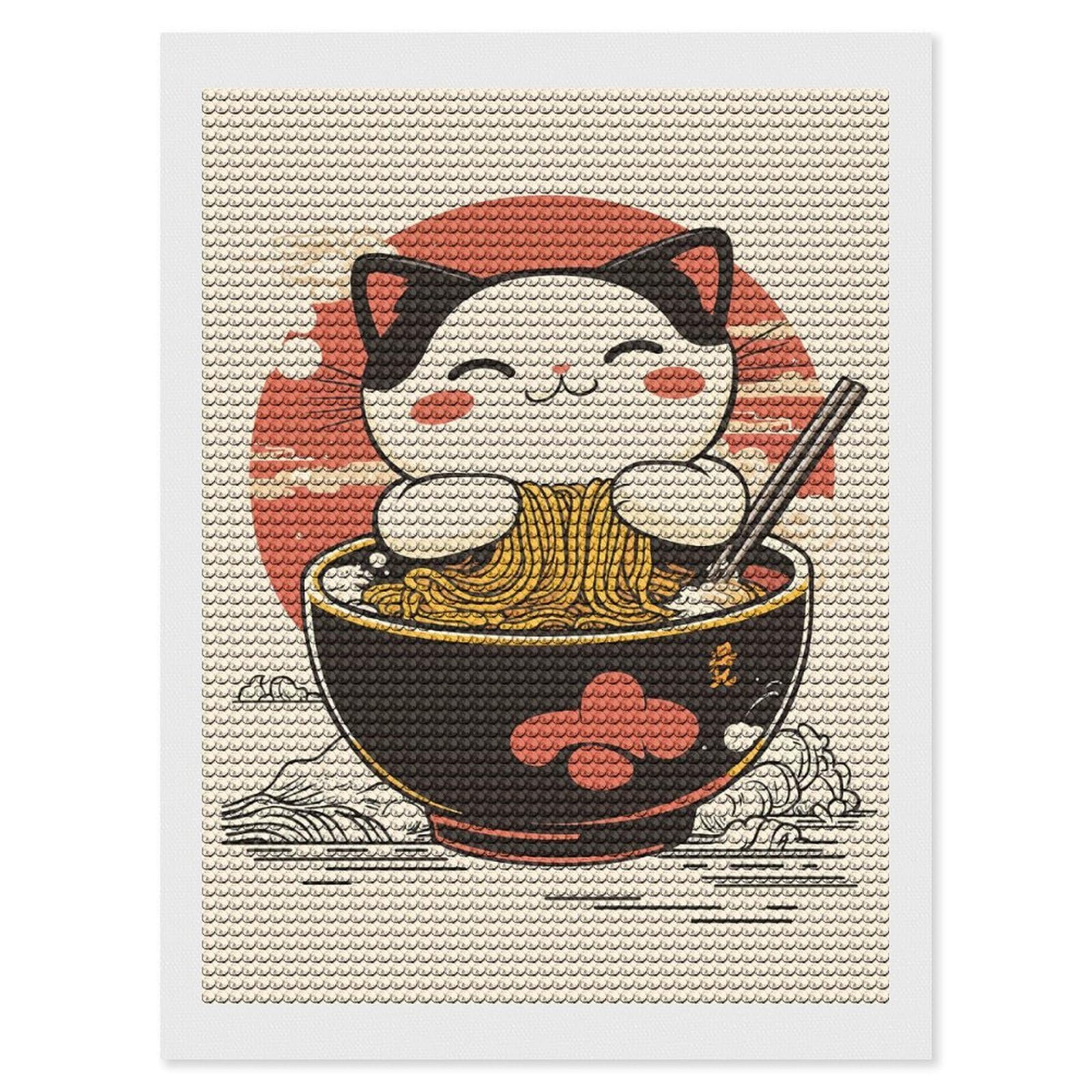 Junmoney Cat Eating Ramen Diamond Painting Set 12"x16", for Beginners, Modern Decor, Simple to Start, Gift Idea, Pleasing Wall Art Project