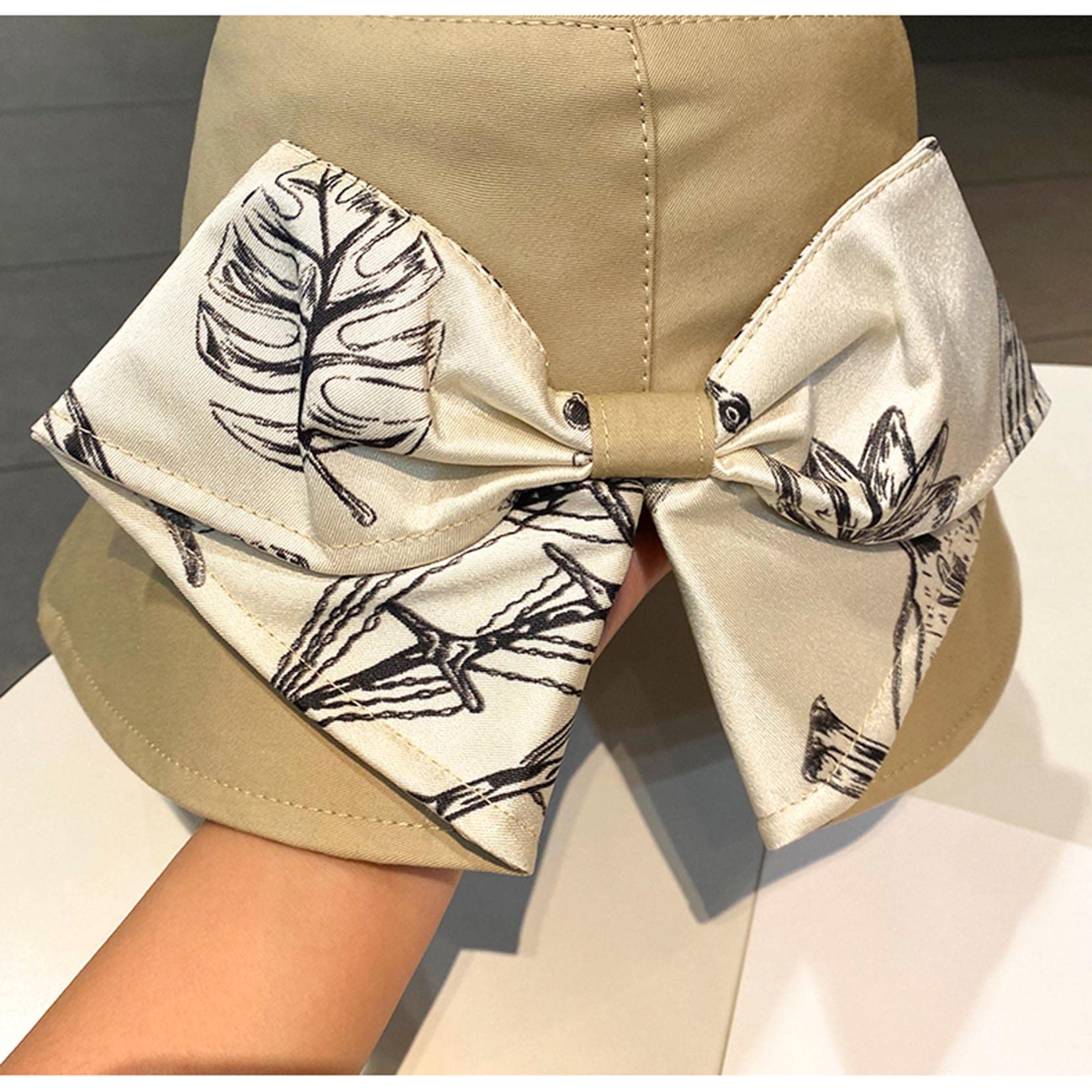 Sun Visors Hut für Frauen Sommer lässiger Weitkremp -Baumwoll -Eimer -Hut mit Bowknot Beach Urlaub Beige-56-58cm