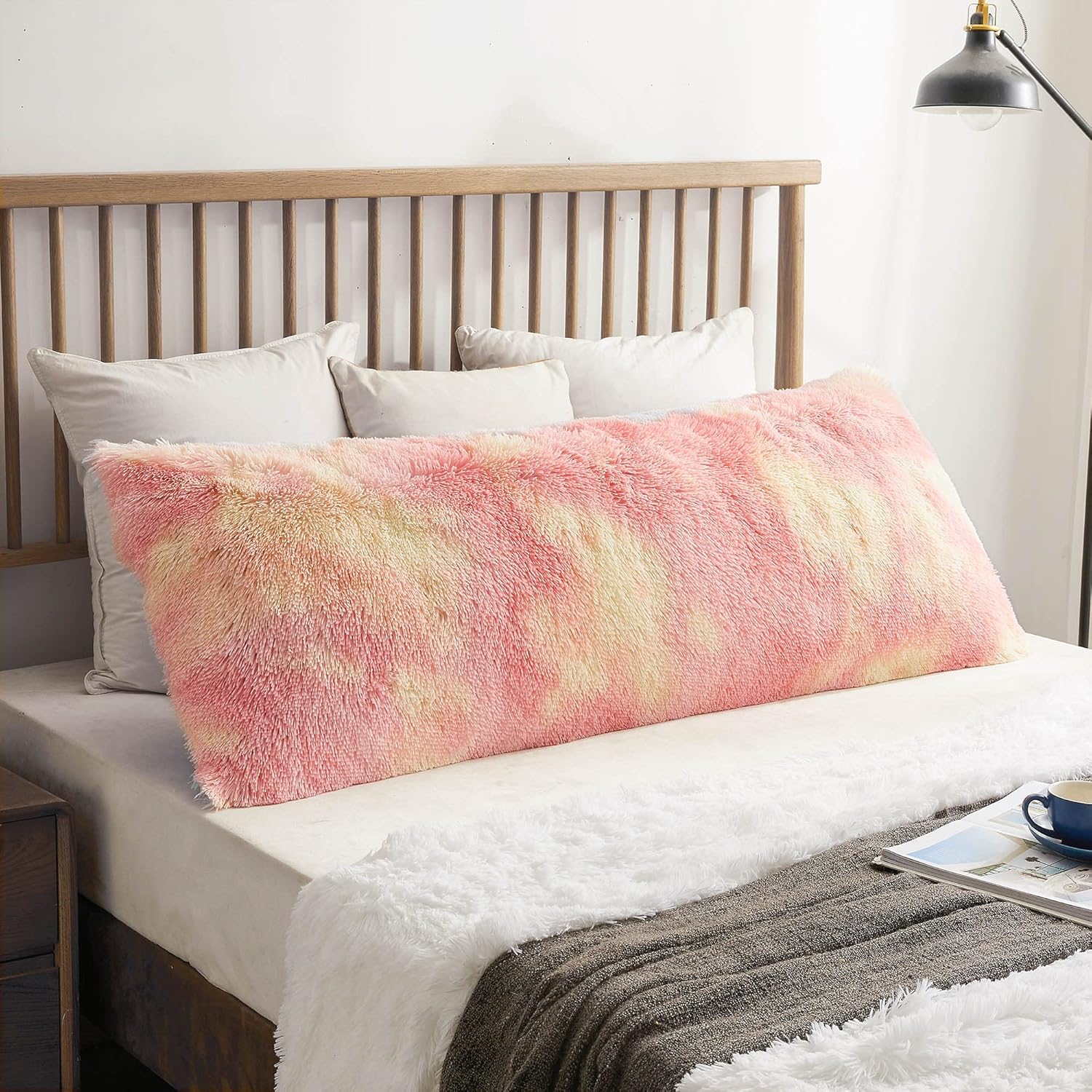 XeGe Rainbow Shaggy Faux Fur Body Pillow Cover, Tie Dye