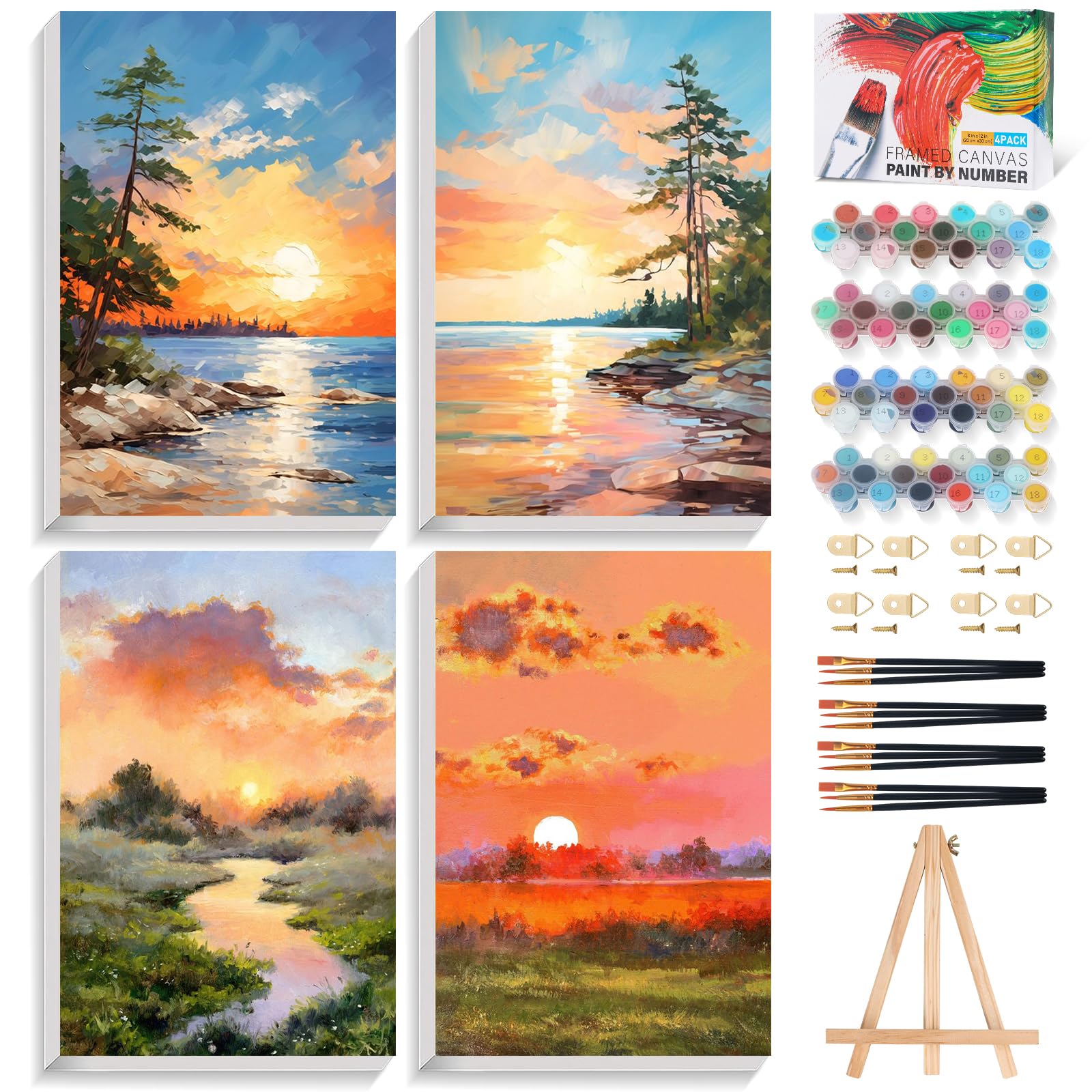 Fountor 4 Pack Framed Paint by Numbers Kit for Adults Beginners with Wooden Easel