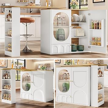 360  Rotating Bar Table with Glass Doors & 3-Tier Side Shelf,White Coffee Bar & Kitchen Island Furniture,Extendable Sideboard with Storage,Modern Home Buffet Table