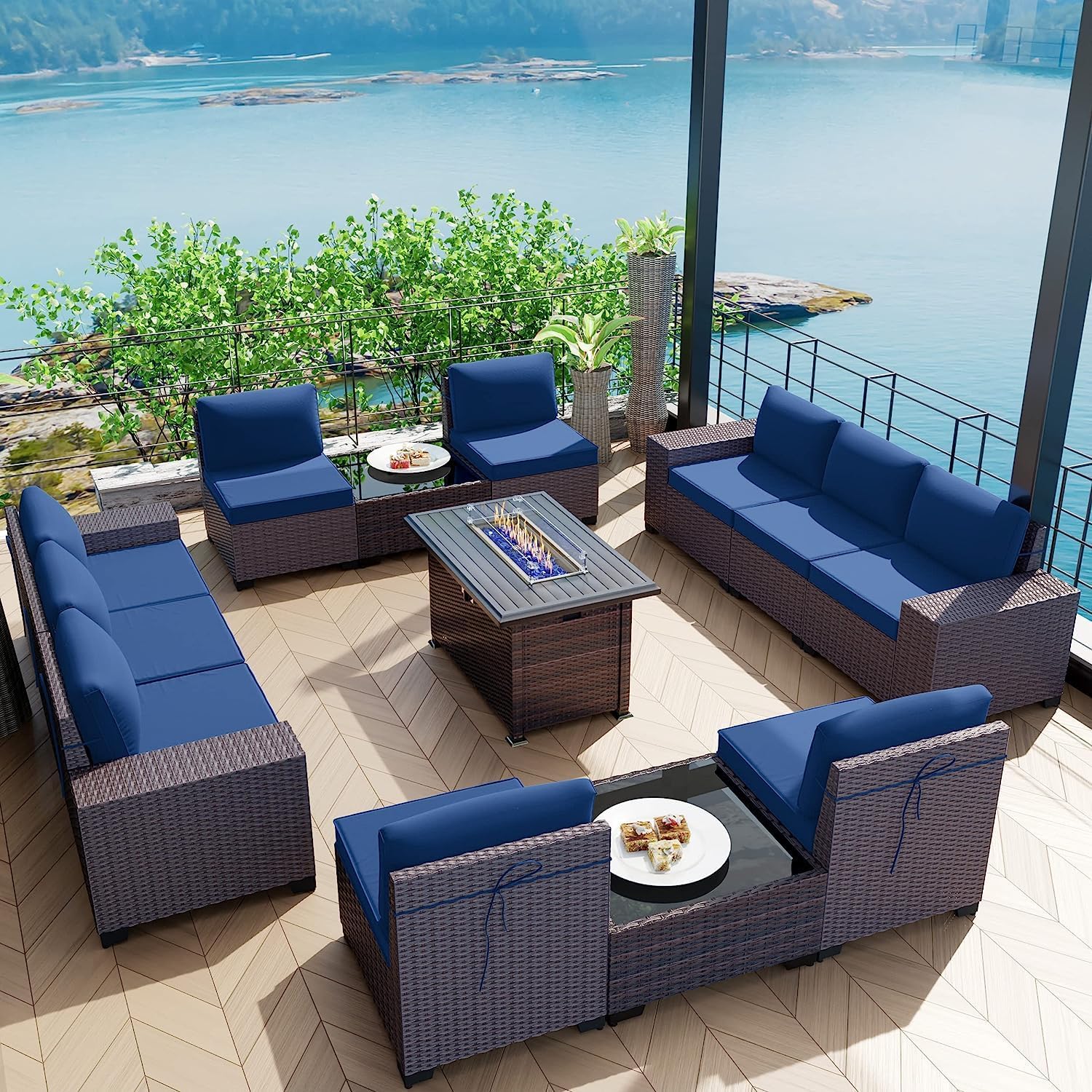 Kullavik 13 Pieces Outdoor Patio Furniture Set with 43" 55000BTU Gas Propane Fire Pit Table PE Wicker Rattan Sectional Sofa Patio Conversation Sets,Navy Blue