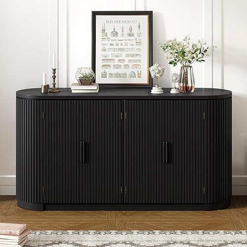 Miniatura 64 de Aparador de armario de almacenamiento curvado con 2 puertas y 2 cajones, mesa consola de entrada de madera de 55 pulgadas con puerta lateral curvada