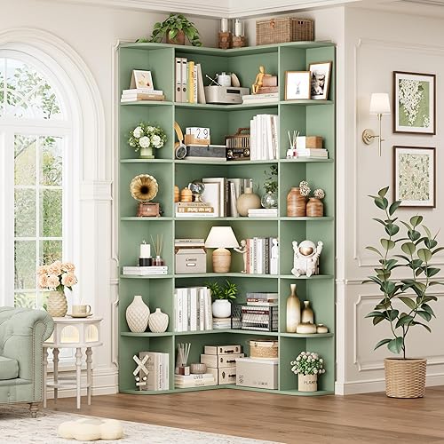 FOTOSOK 74” Tall Corner Bookshelf, 6-Tier Bookshelf and Bookcase with Open Storage, Tall Bookcases Wooden Storage Shelves for Home Office, Thickened Boards for Better Load Bearing, Green - Green