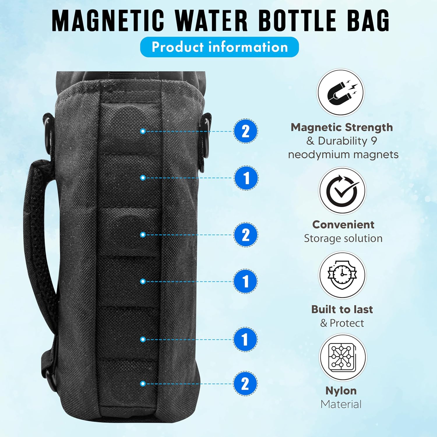 Magnetic Gym Bag for Men Women – 9 Neodymium Magnets, Water Bottle Holder with Phone Pocket, Adjustable Shoulder Strap, Towel Hook | Fits 21oz to 40oz Bottles | Gym Accessories Bag