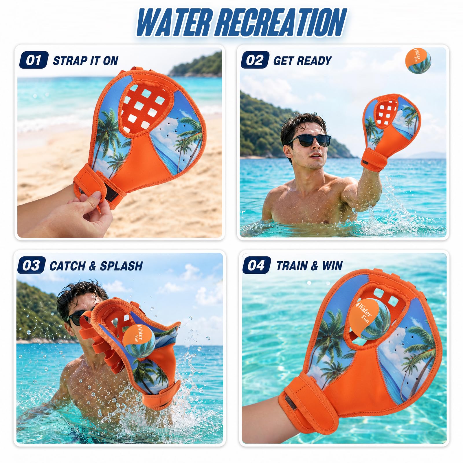 Set di guanti da baseball per acqua, gioco in piscina e in spiaggia con 1 palla rimbalzante e 2 guanti di cattura, cinturino da polso regolabile ambidestro, fori di scarico ad asciugatura