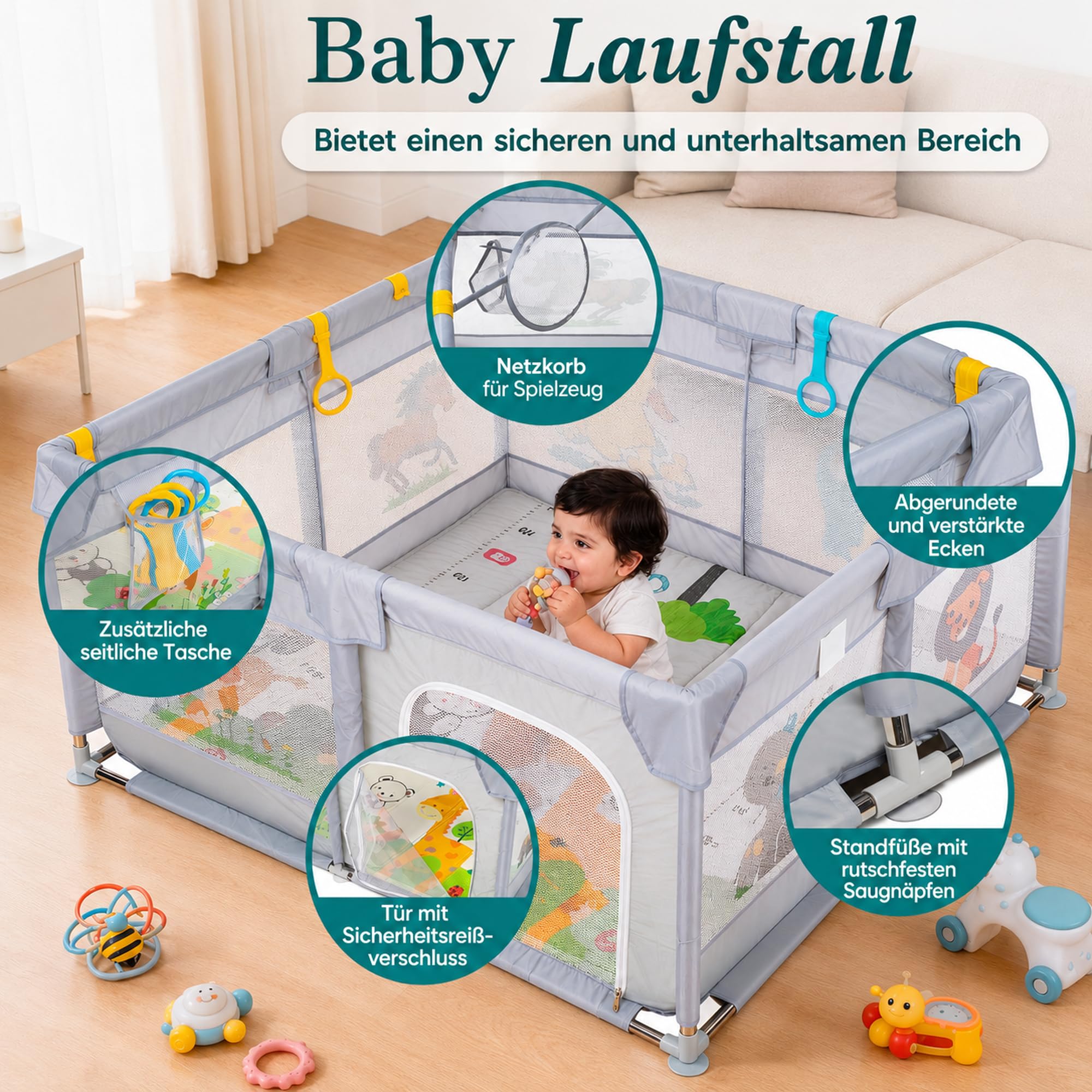PARVULI Laufstall Baby 120x120 cm cm mit gepolsterter Spielmatte faltbar Laufgitter für Zuhause aus stabilem Eisen atmungsaktives Mesh - Tiere