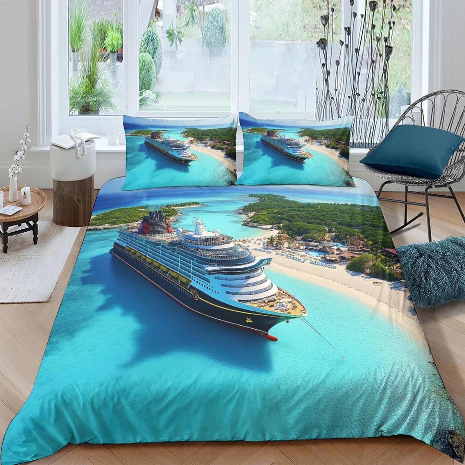 GPLZQXKJNH 3D Printed Cruise Ship Beach Duvet Cover Microfiber Soft Breathable Ocean Bedding Set with 2 Pillowcases for Bedroom Rental Single（135x200cm）
