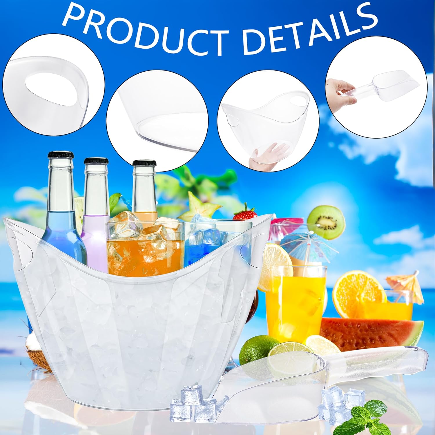6 Pack Clear Beverage Tubs 4 L Plastic Thickened Ice Bucket with 6 Ice Scoop for Parties Champagne Mimosa Cocktail Bar Supplies Beverage Birthday Wedding Supplies