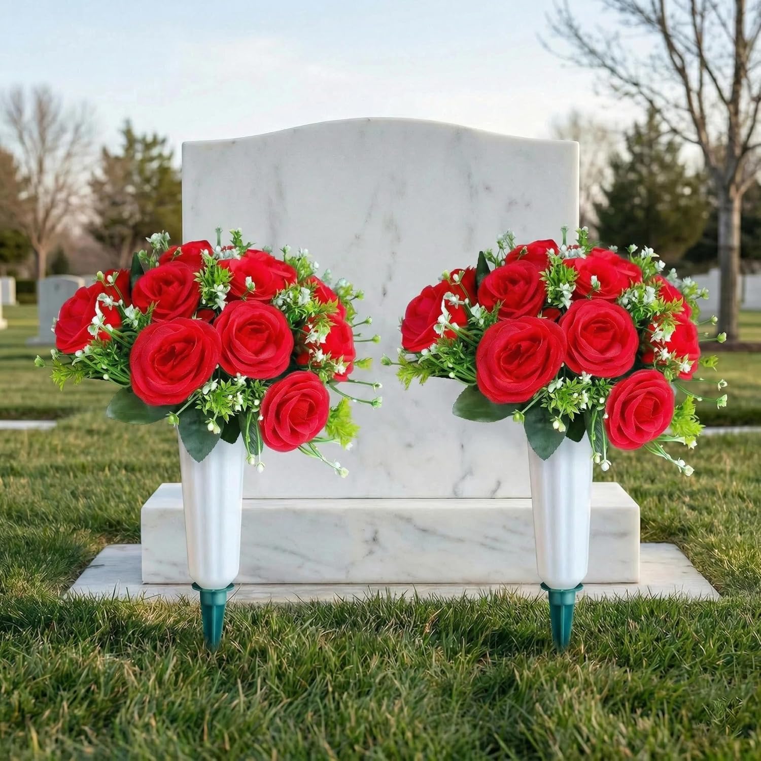 Set of 2 Cemetery Flowers for Grave, Red Silk Artificial Rose Memorial Arrangements for Headstones, Graveside Grave Vase Decorations, Outdoor UV Resistant Funeral Sympathy Flowers (red)