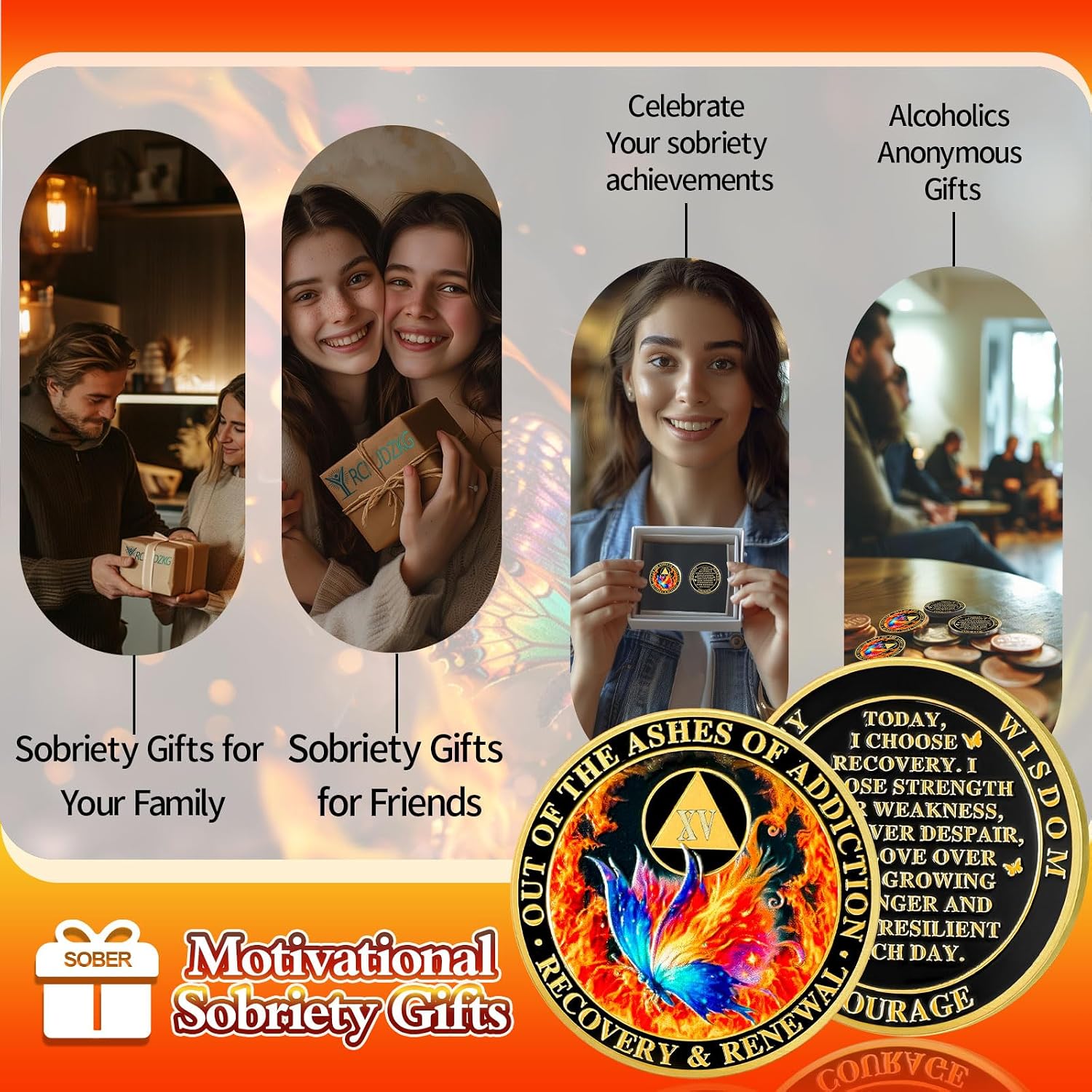 Butterfly Fire 15 Year Sobriety Coin, AA Chip and Medallion for Women | Unique renewal recovery token features ashes of addiction quote, meaningful anniversary sobriety gift for sister and sponsor
