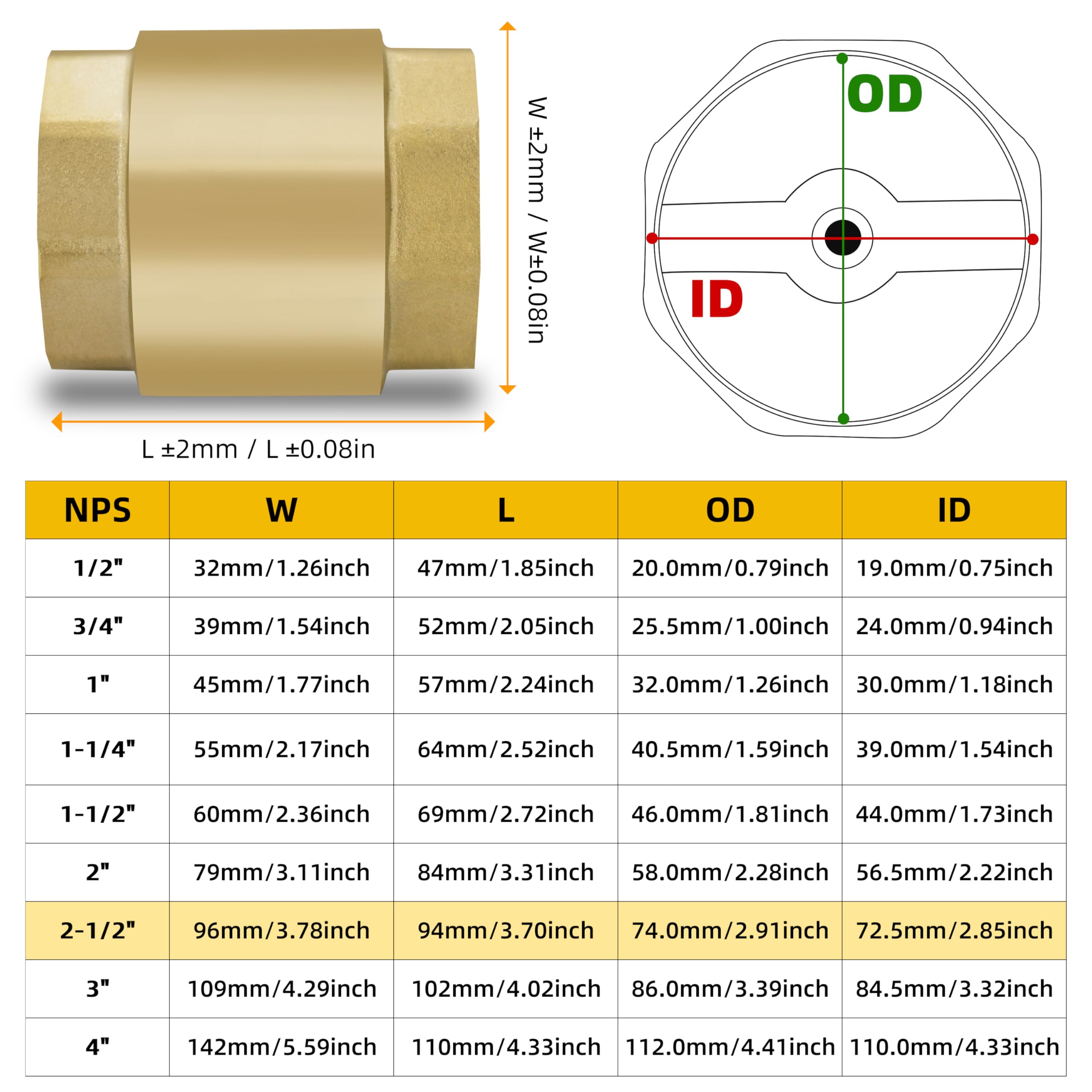 Valvola di ritegno verticale in ottone NPT da 2-1/2", valvola di ritegno verticale a molla in linea senza piombo con filettatura NPT, valvola di controflusso unidirezionale di non ritorno per