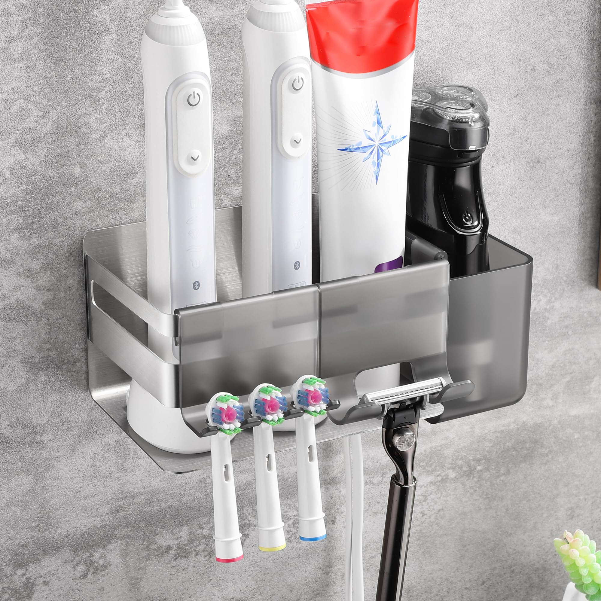 Portaspazzolino Elettrico In Acciaio Inox - Senza Fori, Autoadesivo, Con Supporto Per Testine E Accessori - Foto 9