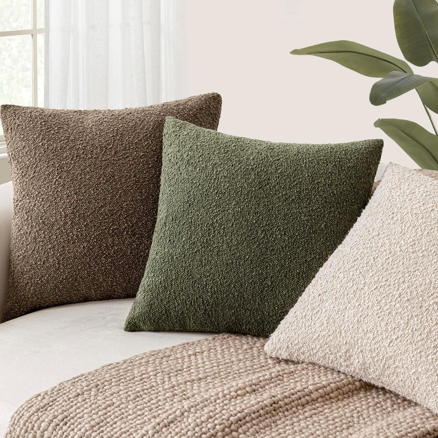 Foindtower Pack of 2 Textured Boucle Throw Pillow Covers Accent Solid Decorative Pillow Cases Cozy Woven Couch Cushion Case for Chair Sofa Bedroom Living Room Home Decor 20x20 Inch Light Brown - Image 5