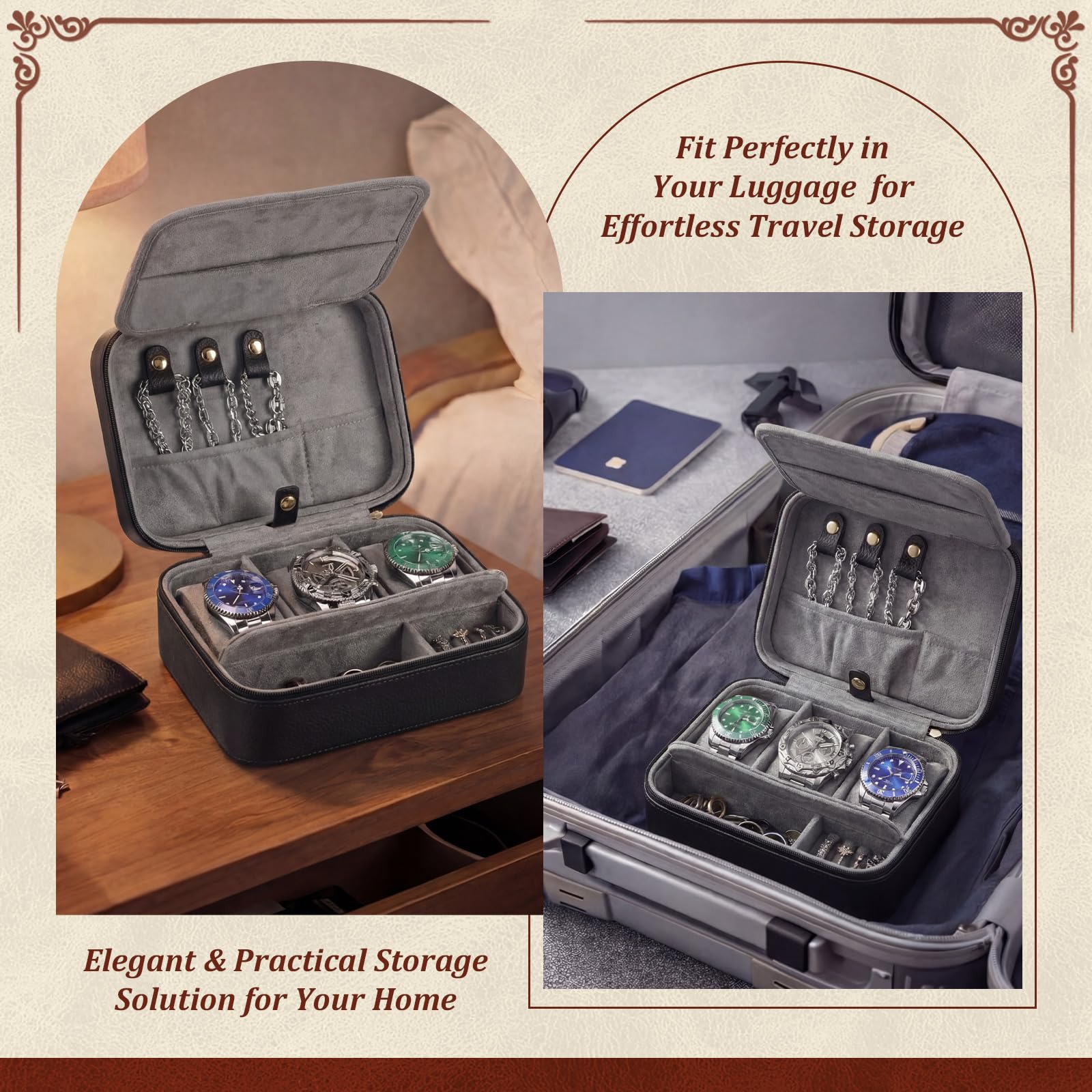 Boîte à montres à 3 emplacements pour homme - Étui de voyage avec compartiments - Organisateur de bijoux - Cadeau pour la fête des pères et mari (noir - gris)