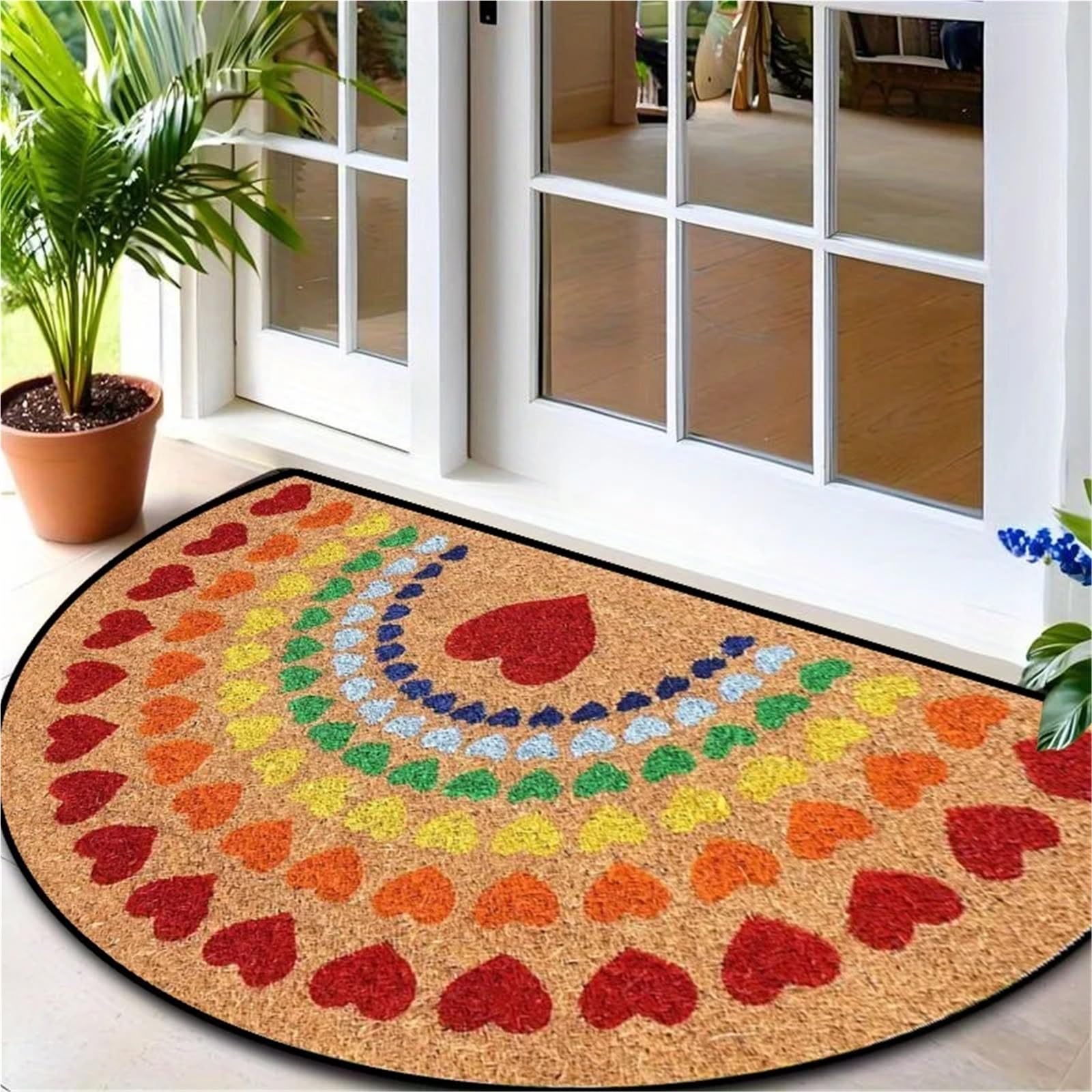 Halbrunde Fußmatte Herz-Regenbogen-Druck, halbrunde Fußmatte for Flur, Badezimmer, Terrasse, dekorative Teppiche, Heimdekorationsteppich für Haustür, Flur, Eingang(60X90CM(2X3FT)