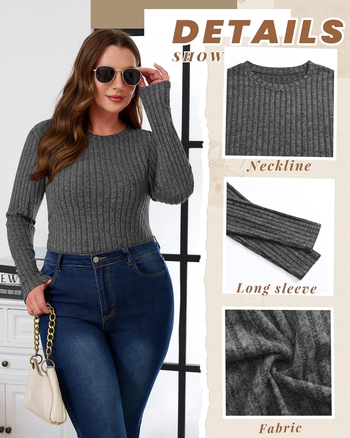 3 Pack Women's Plus Size Tunic Sweaters Ribbed Long Sleeve Slim Fit Shirts Crewneck Pullover Casual Tops - Image 6