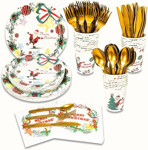 Juego de 175 piezas desechables para fiestas de Navidad, vajilla de fiesta de feliz Navidad, platos de papel y servilletas para 25 invitados (tipo
