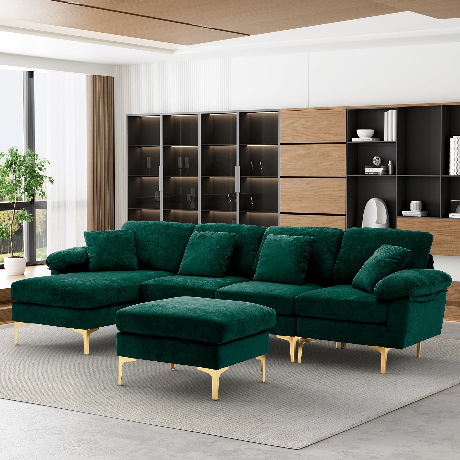 OUYESSIR U-Shaped Sectional Sofa Couch, 4 Seat Sofa Set for Living Room, Convertible L-Shaped Velvet Couch Set with Chaise Lounge, Ottoman and Pillows,114 inches (Emerald Green)