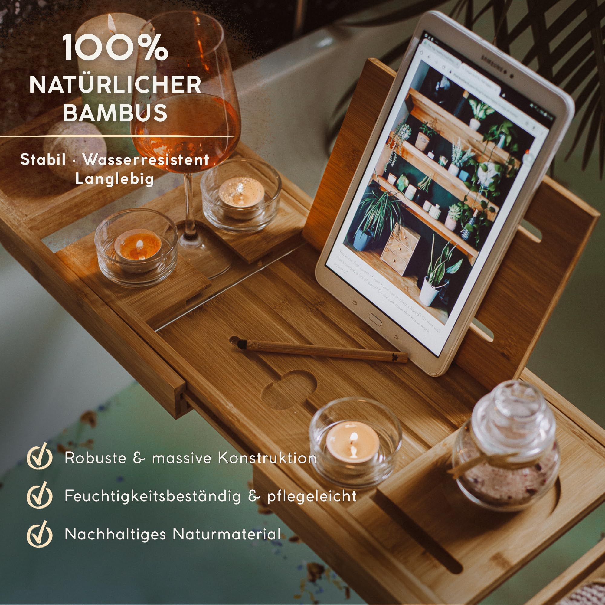 Badewannenablage ausziehbar aus Bambus 70–105 cm – Badewannenbrett mit Tablet- & Buchhalter + Touchscreen-Stift – Badewannentablett verstellbar mit Weinglashalter – Spa Badewannen Zubehör