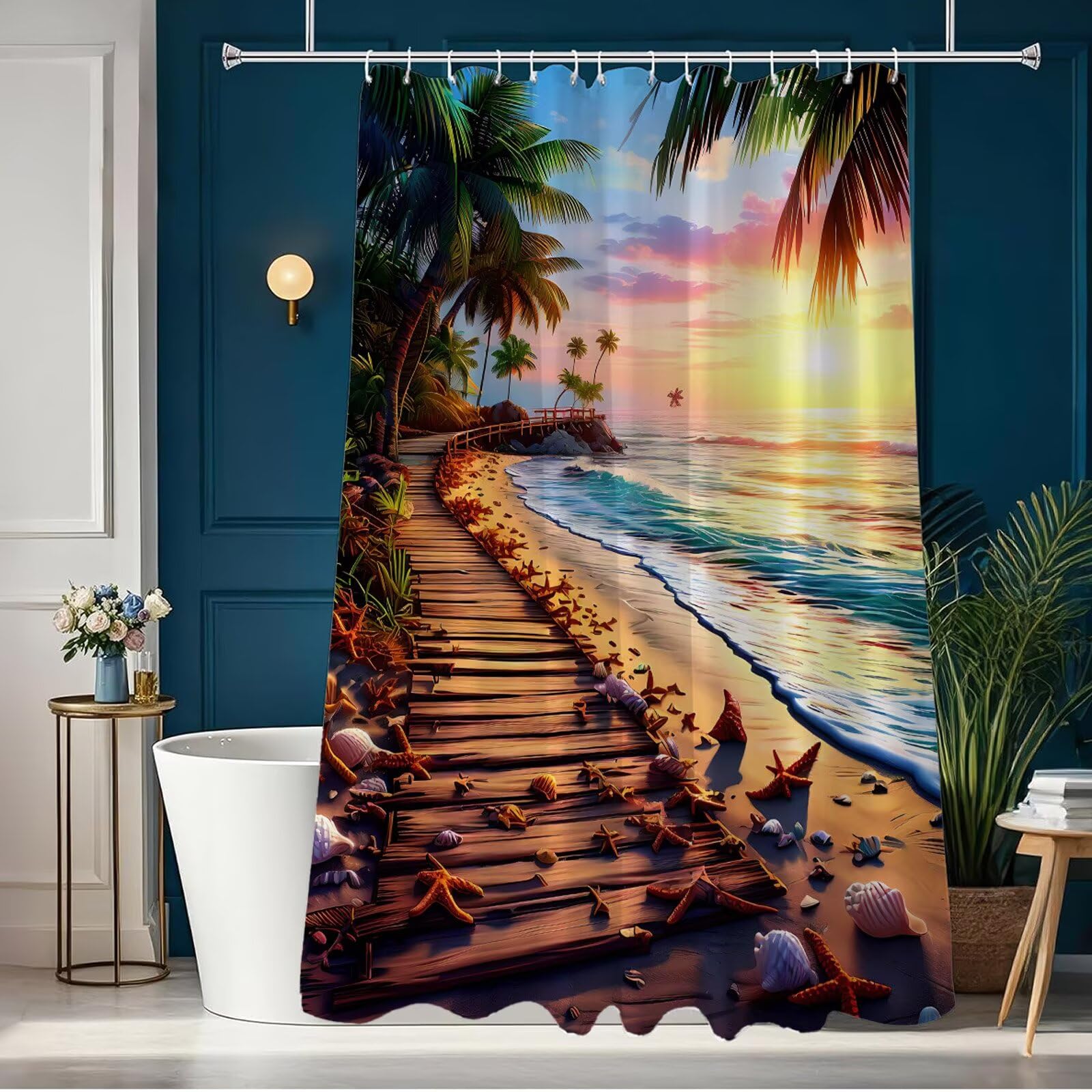 Zasłona prysznicowa plażowa 200 x 240 cm, wodoodporna, szybkoschnąca tkanina poliestrowa, bardzo długa zasłona prysznicowa z obciążonym dnem i 12 haczykami, nadaje się do prania, zasłony łazienkowe do