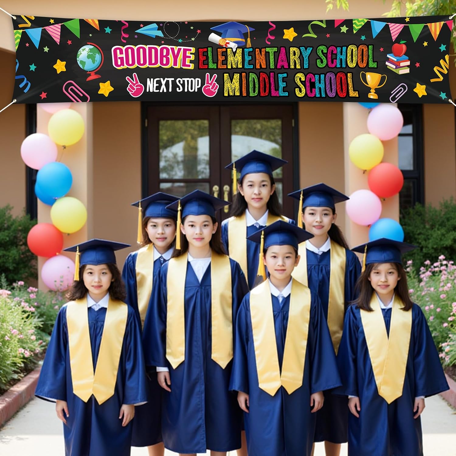 HOWAF Goodbye Elementary School Next Stop Middle School Fence Banner, Fifth Grade Grad Yard Sign Banner for Primary School Grad Party Decor, Class of 2026 Congrats Grad Photo Booth Banner