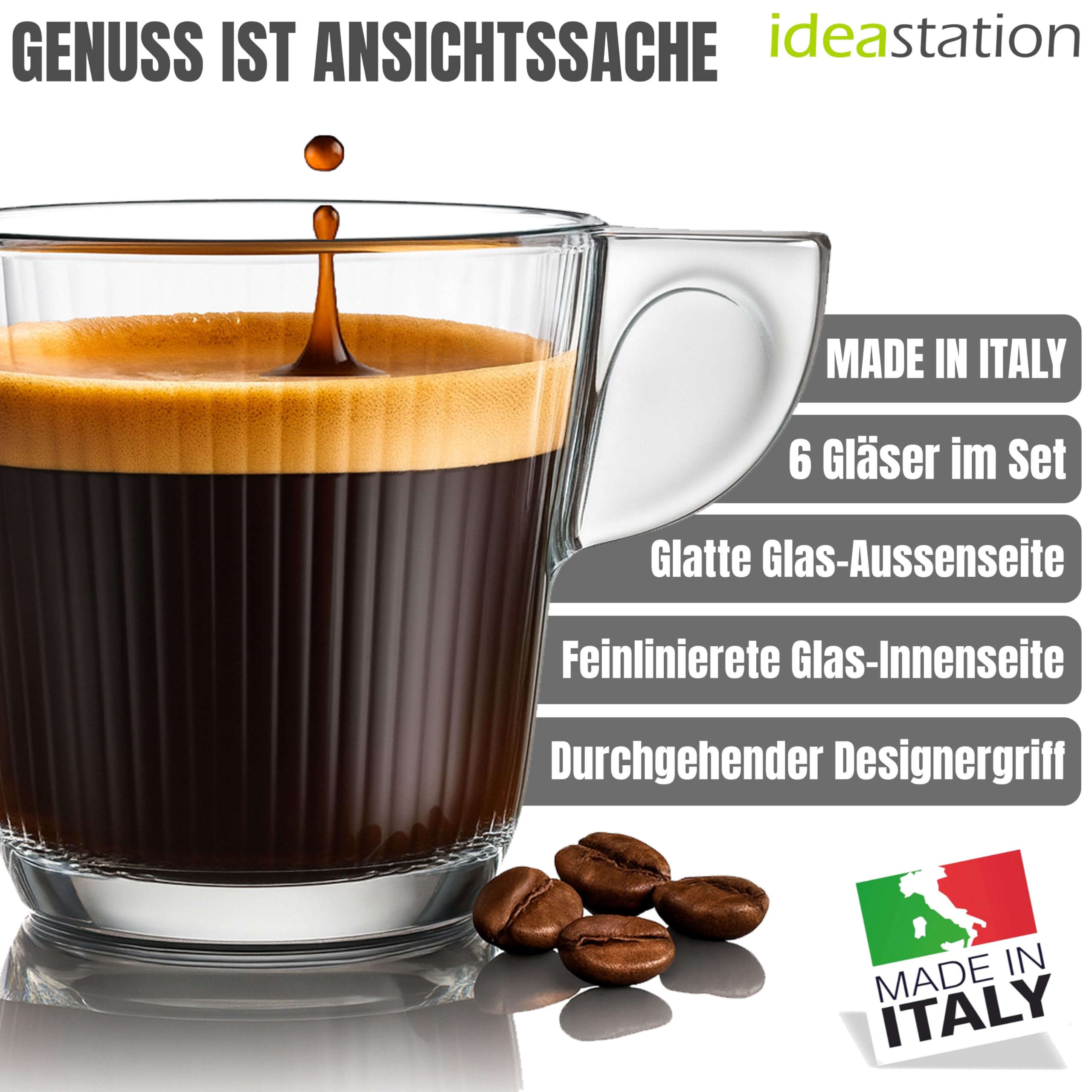idea-station Espressotassen Glas - 6 Stück - 80 ml - Espresso Gläser | Made in Italy + Modern + Hochwertig - italienisches Espresso Tassen 6er Set mit Griff