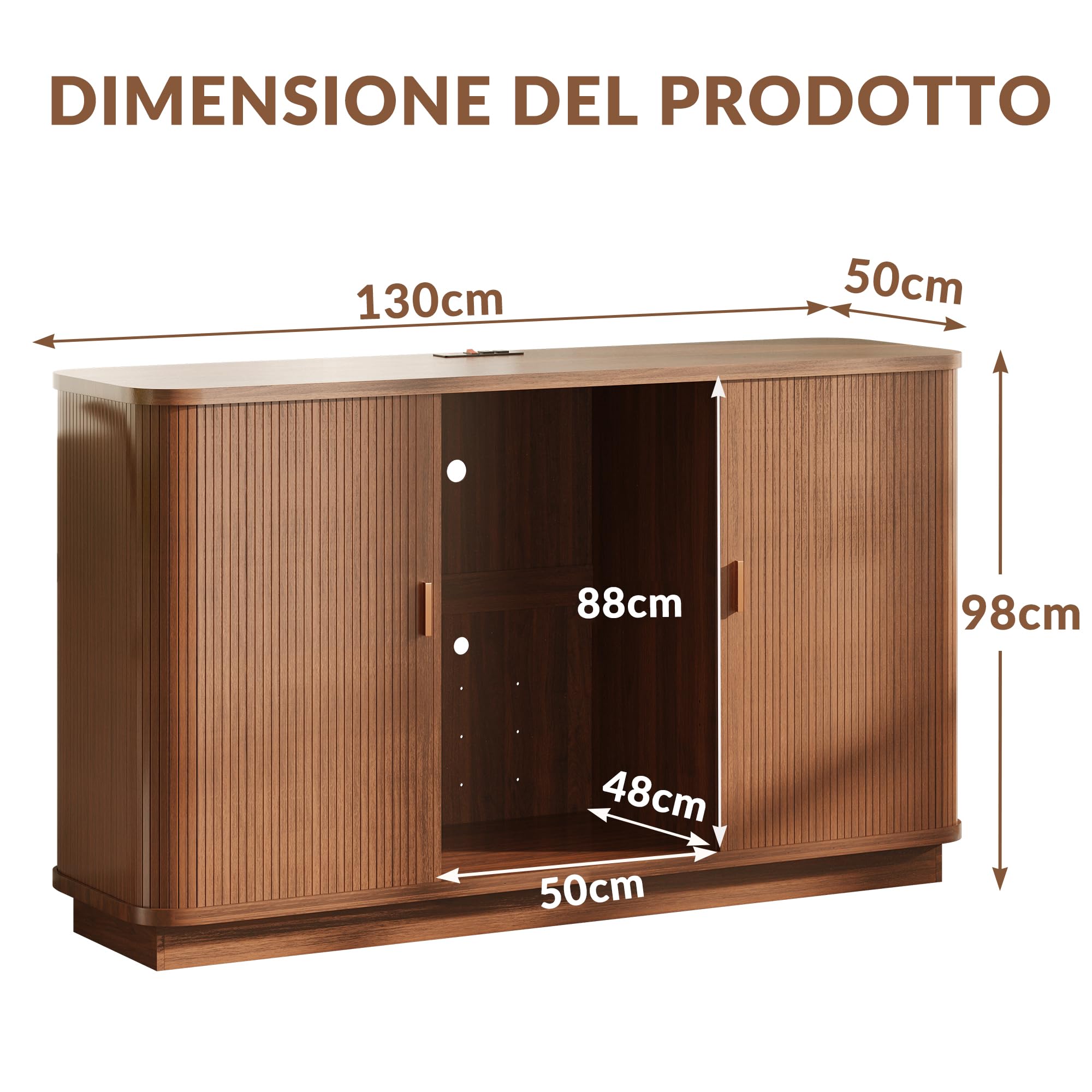 Credenza/mobile bar scanalato da 130 cm con vano frigorifero, mobile bar retrò con ante a serrandina, ripiani regolabili e portabottiglie per cucina e sala da pranzo.
