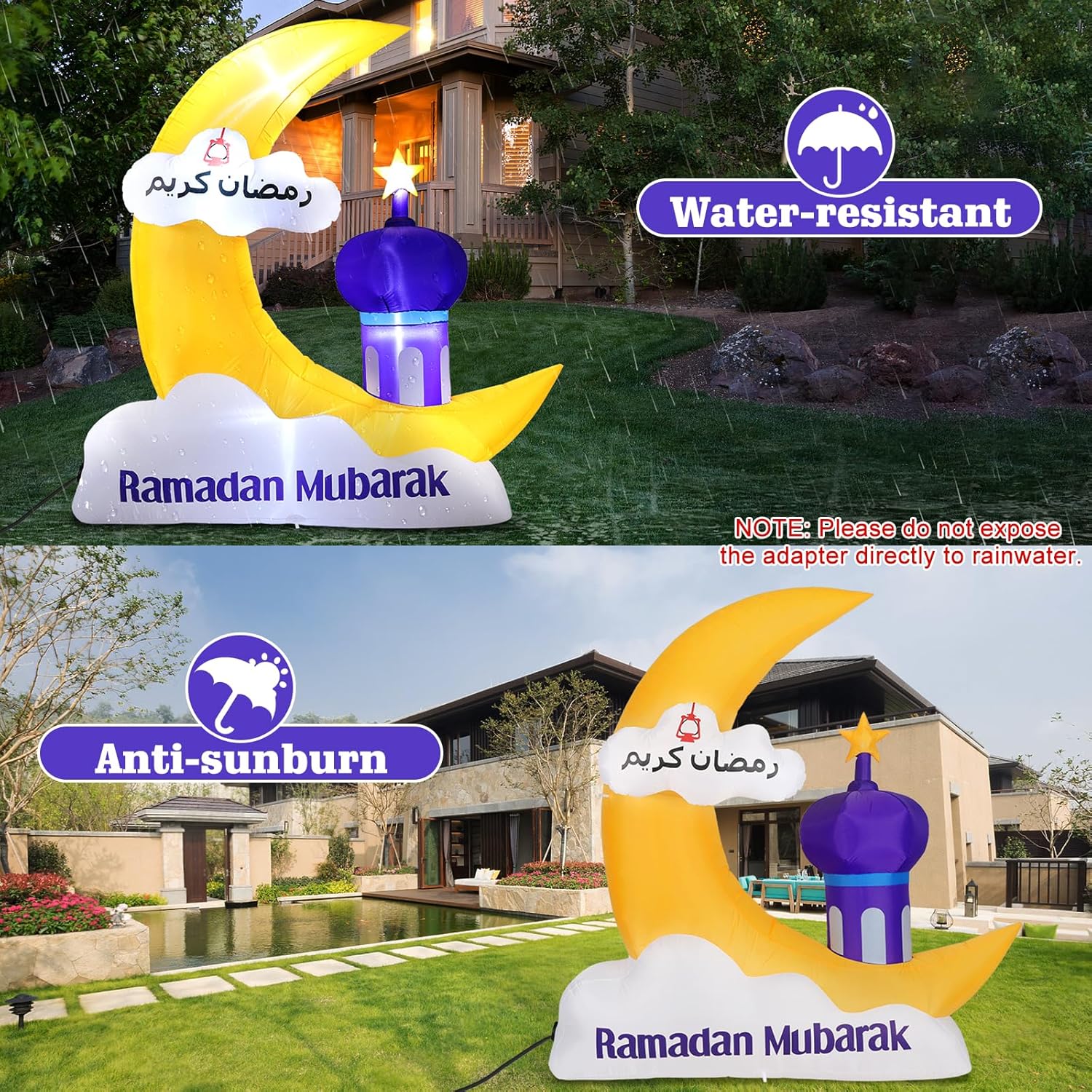 Lewondr 6.10FT Outdoor Inflatable Ramadan Moon Decorations,Waterproof Inflatable Eid Mubarak Decor,Blow Up Muslim Holy Celebration Decor with LED Lights,Muslim Holidays Inflatable for Yard,Yellow Moon
