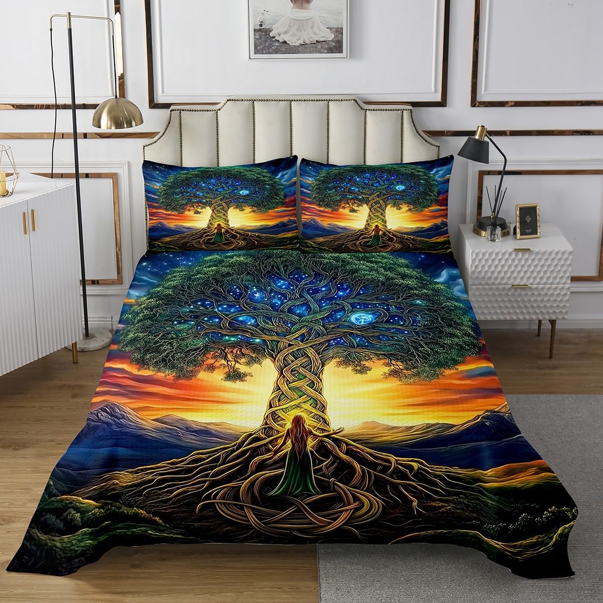 Tree of Life Kids Bedspread Twin Size,Sunset Mountain Starry Sky Coverlet Set,Boys Girls Room Decor,Exotic Botanical Tree Branches Quilted Coverlet,Green Yellow Bedding Quilt,1 Pillowcase