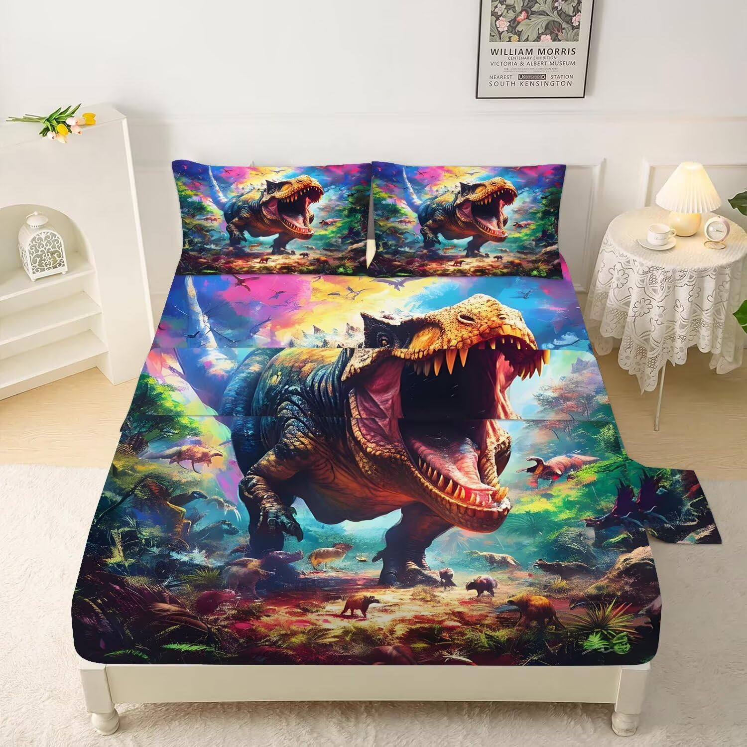 VTKON Dinosaur Sheets Set Twin for Boys Tie Dye Dinosaur Bedding Set 3D Dino Bed Set with 1 Flat Sheet 1 Fitted Sheet and 1 Pillowcase