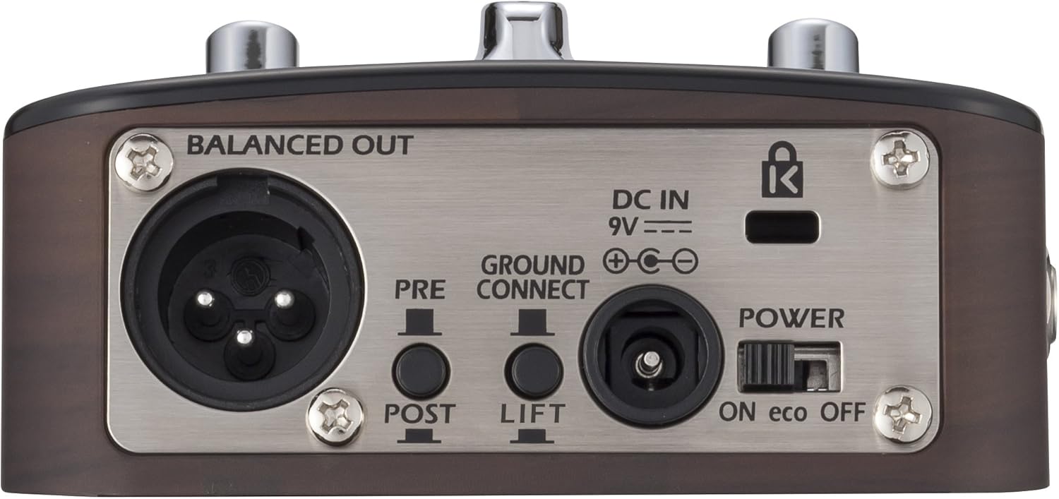 Zadní view of the Zoom AC-2 Acoustic Creator Pedal, showing the balanced XLR output, DC input, ground lift, and power switch.