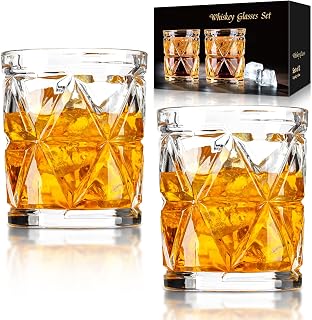FrutPunch 11.4oz Old Fashioned Whiskey Glasses Set of 2 - Diamond Pattern Rocks Glasses for Scotch, Bourbon, Cocktails - Gift for Men & Dad