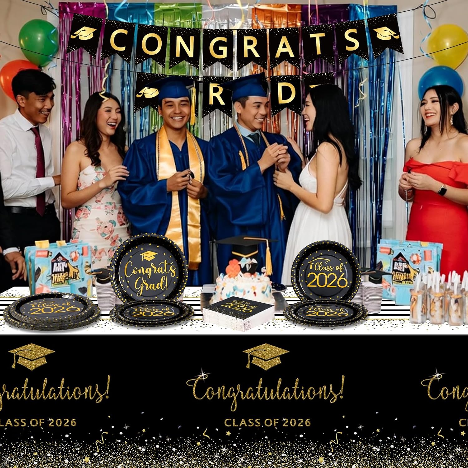 355Pcs Black and Gold Graduation Decorations Set,2026 Graduation Party Supplies Serves 50,Includes Congrats Grad Banner Paper Plates Cups Napkins Tablecloths Tableware for Class of 2026