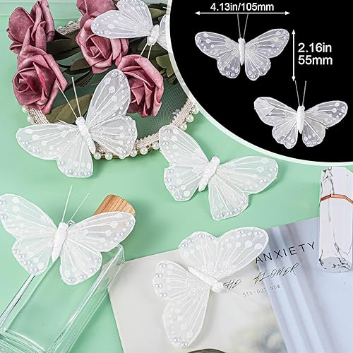 Miniatura 2 de HINZIC Paquete de 10 mariposas de plumas 3D para decoraciones, calcomanías de mariposa de perlas brillantes para manualidades, adornos de árbol de