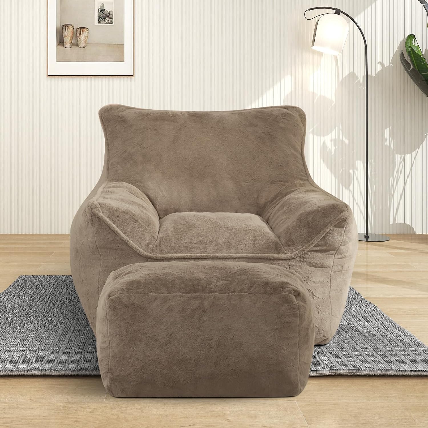 Bean Bag Chair, Big Beanbag Chairs with Ottoman, Stuffed Beanbag Chairs with Filling, Bean Bag Chair with Filler for Living Room (Faux Fur in Coffee, 38.15" W x 40" D x 30" H)