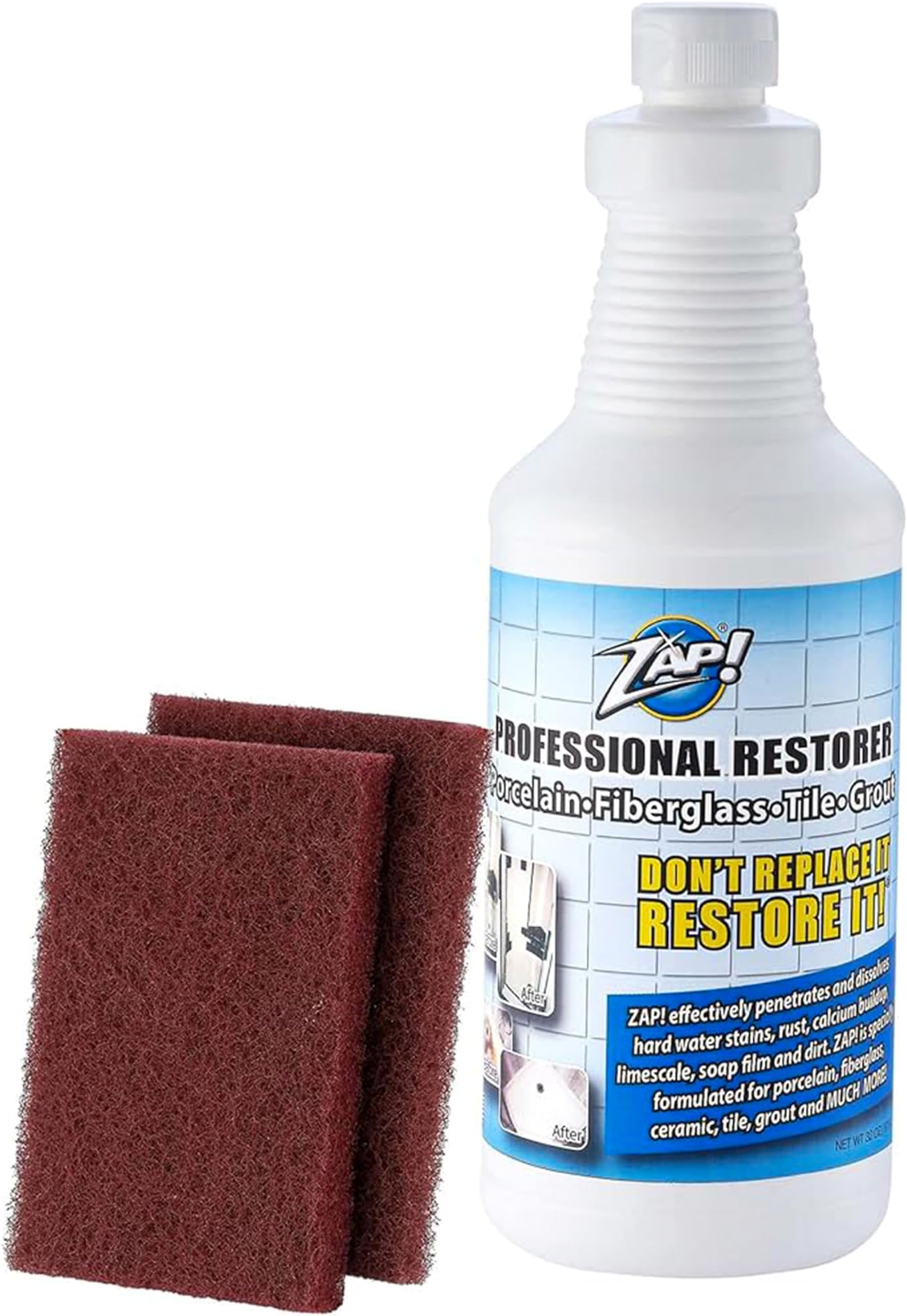 - ZAP! Professional Tile & Grout Restorer | Cleans & Restores Porcelain, Fiberglass, Tile, & Grout Surfaces | Rust & Hard Water Remover | Kitchens & Bathroom Porcelain Sinks, Toilets, & Tubs